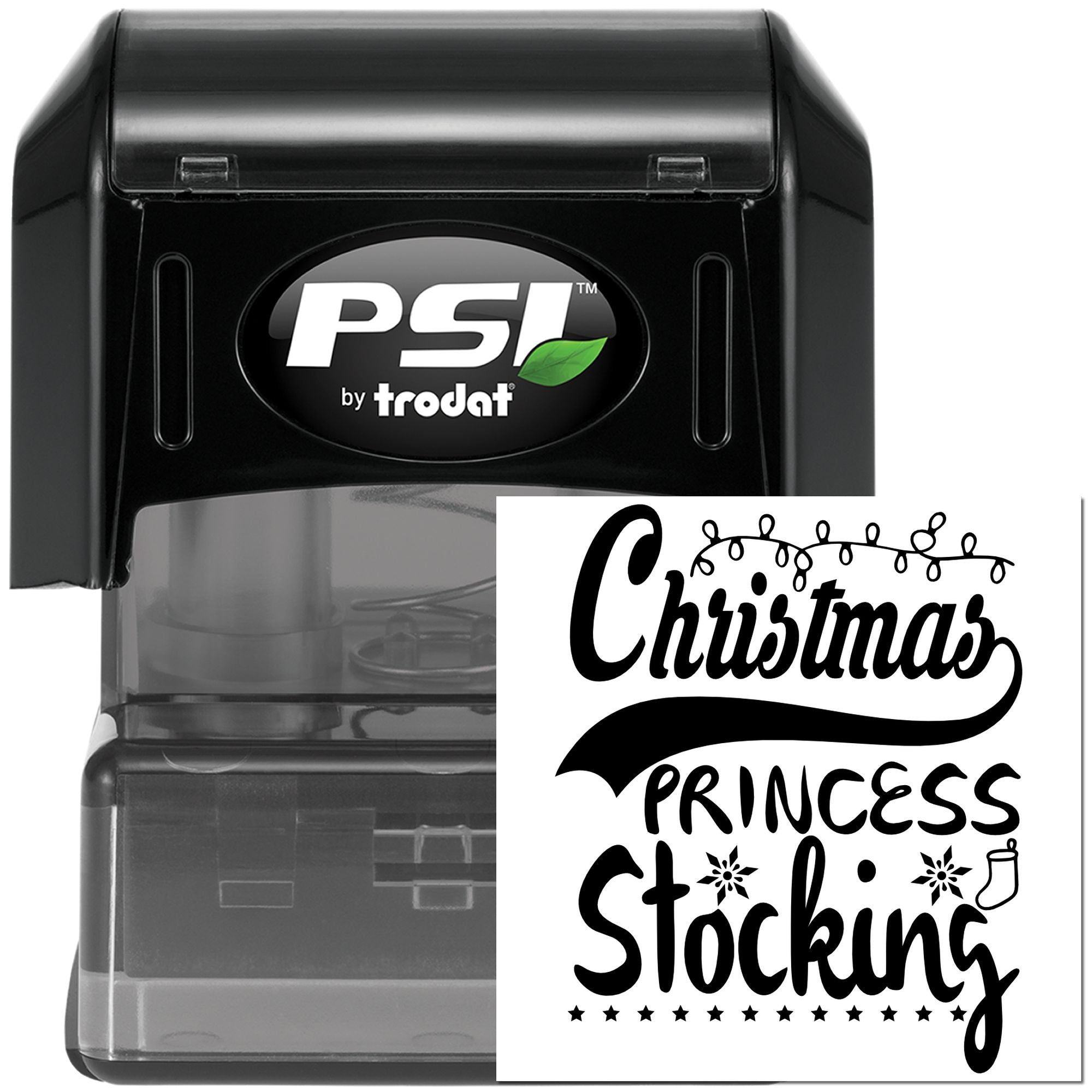 PSI by Trodat self-inking rubber stamp with Christmas Princess Stocking holiday design for festive custom stamping.