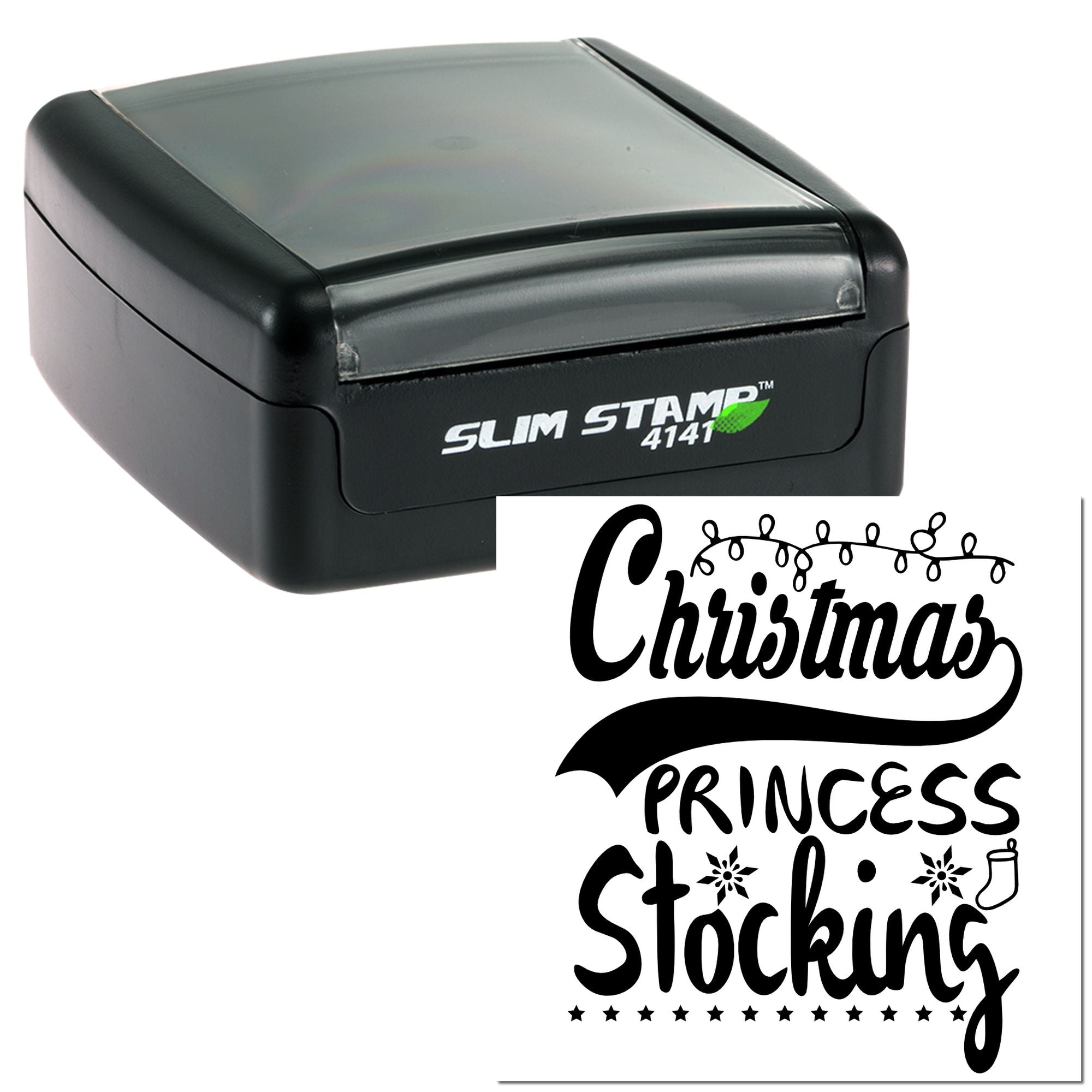 Self-inking Slim Stamp 4141 with custom Christmas Princess Stocking rubber stamp design for holiday crafts and packaging.