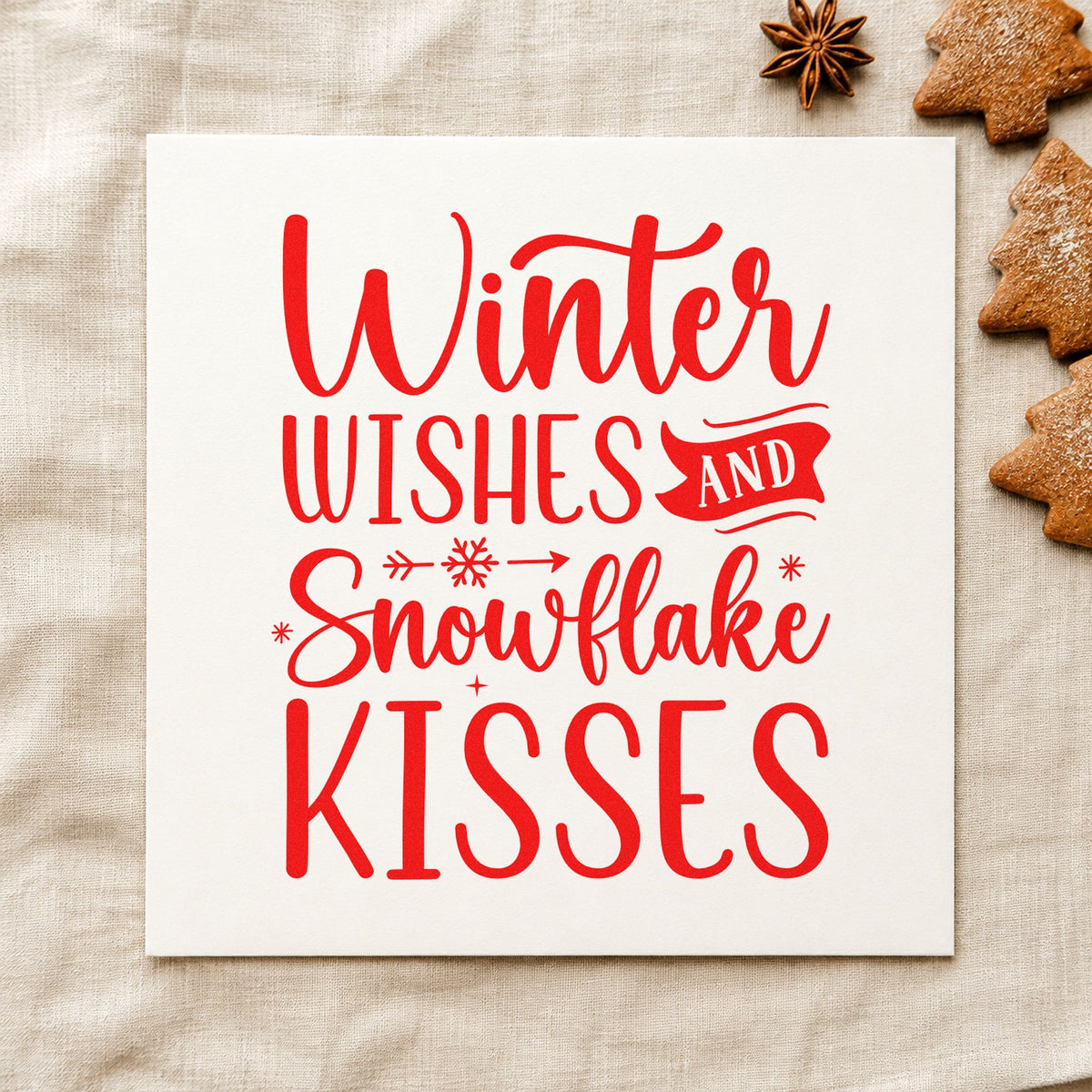 Winter Wishes Snowflake Kisses rubber stamp shown in red ink, stamped for projects such as cocoa pouch labels.