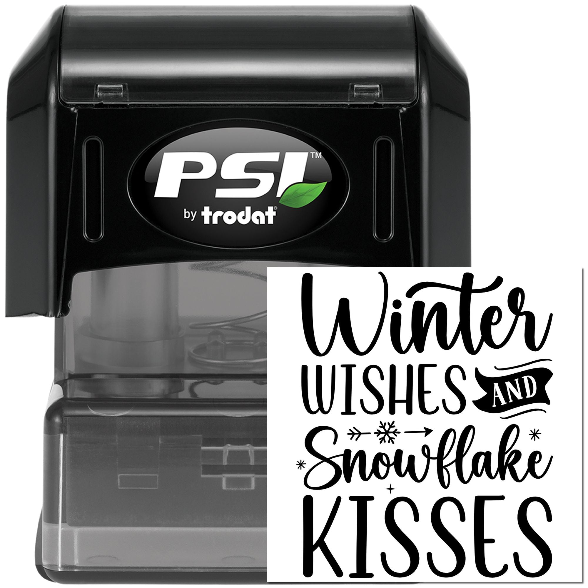 PSI by Trodat self-inking rubber stamp with Winter Wishes and Snowflake Kisses design for holiday cards and crafts.