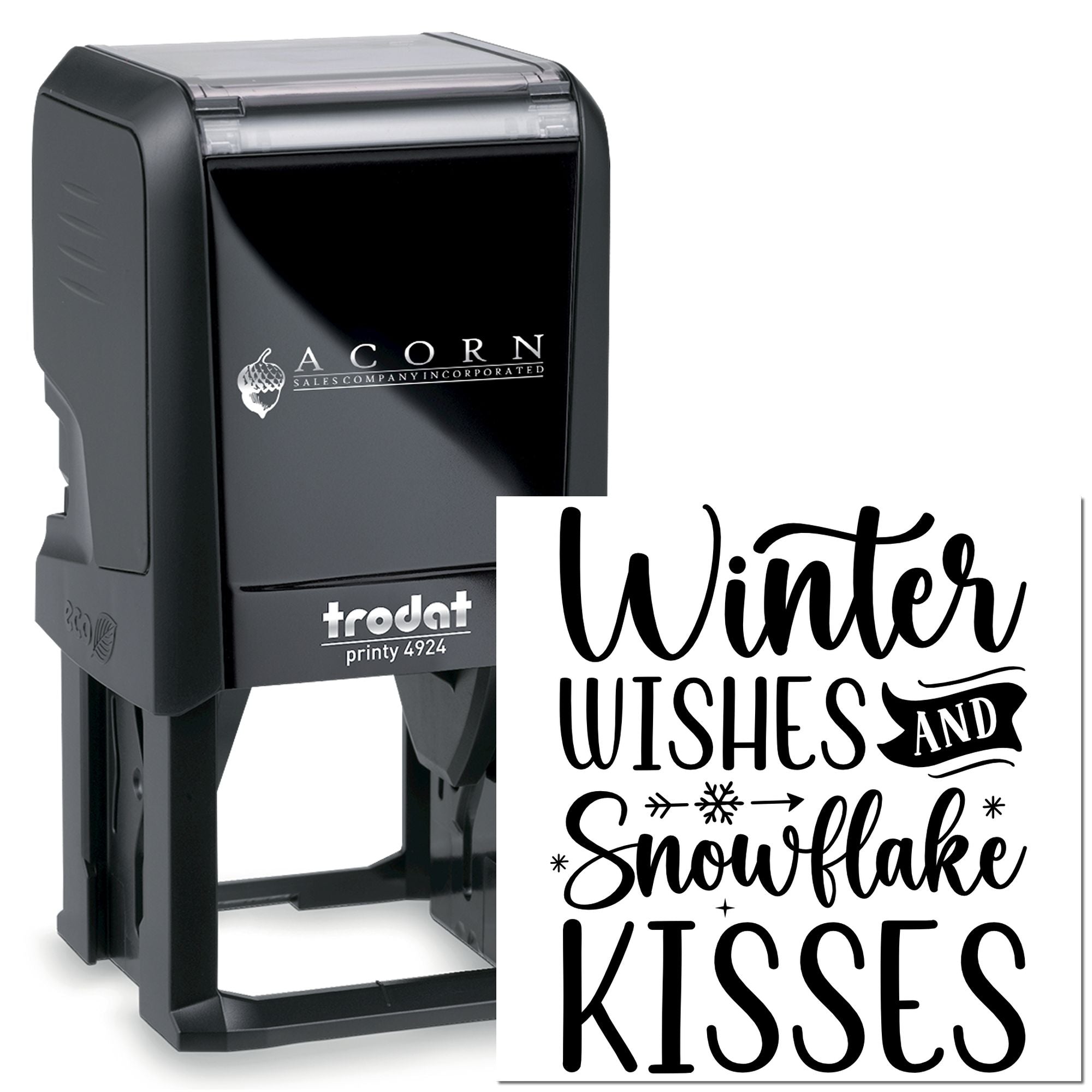 Trodat Printy self-inking rubber stamp with custom Winter Wishes and Snowflake Kisses holiday design.