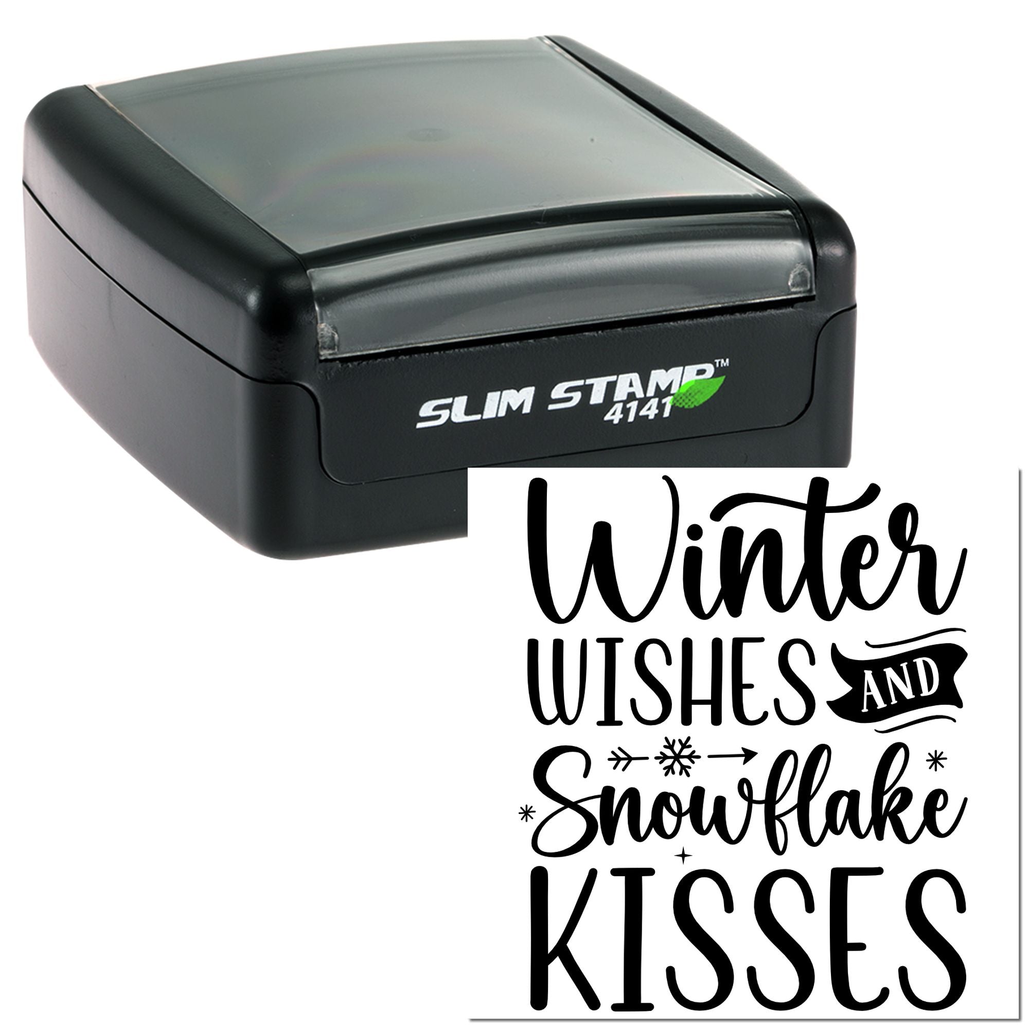 Slim self-inking rubber stamp with winter greeting Winter Wishes and Snowflake Kisses for holiday cards and crafts.
