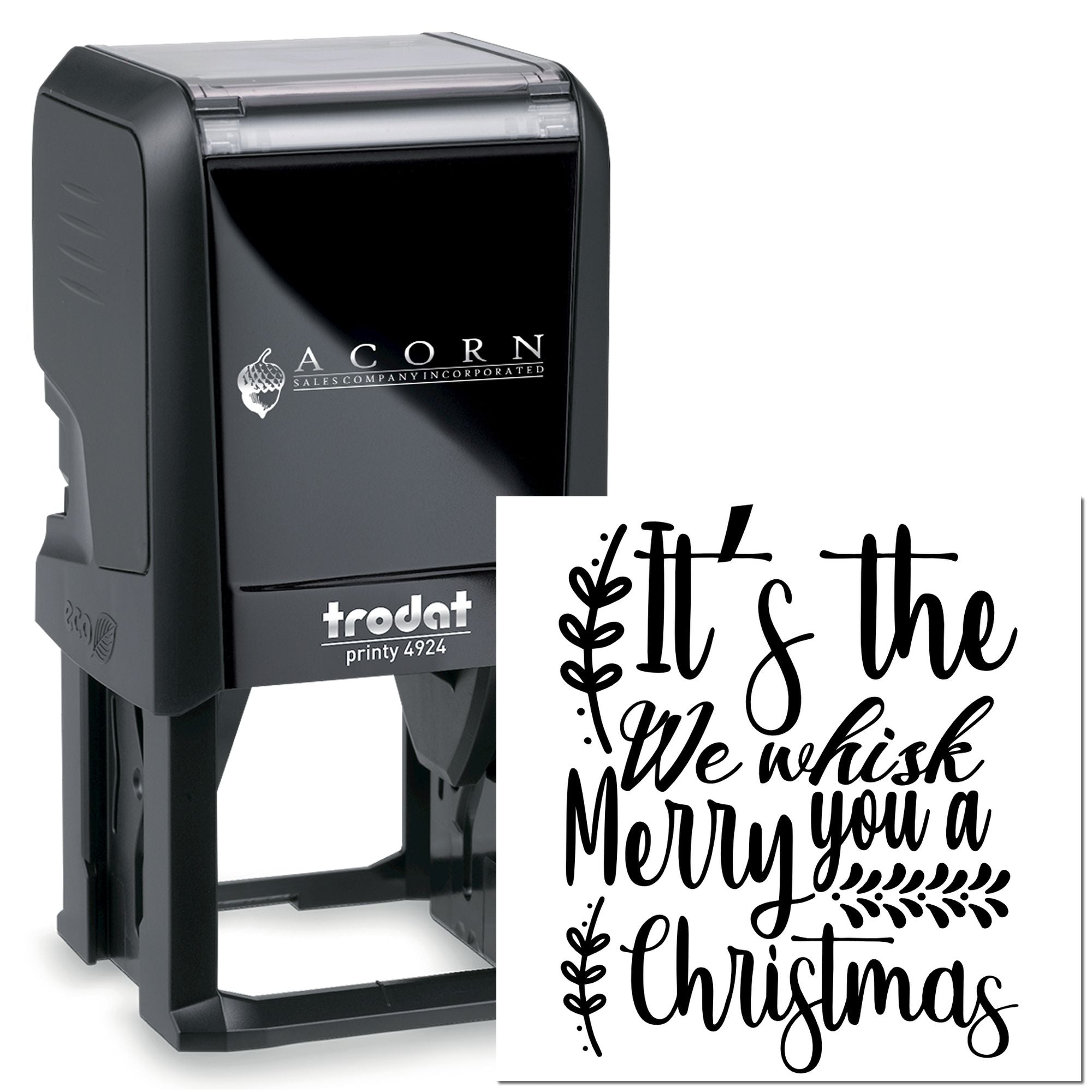 Self-inking Trodat Printy 4924 rubber stamp with Merry Christmas message for holiday cards, gifts and custom branding.