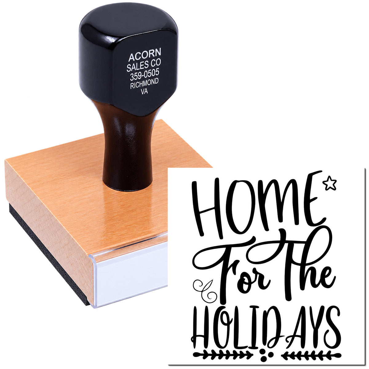 Custom rubber stamp with Home for the Holidays design for seasonal cards, crafts, and holiday scrapbooking.