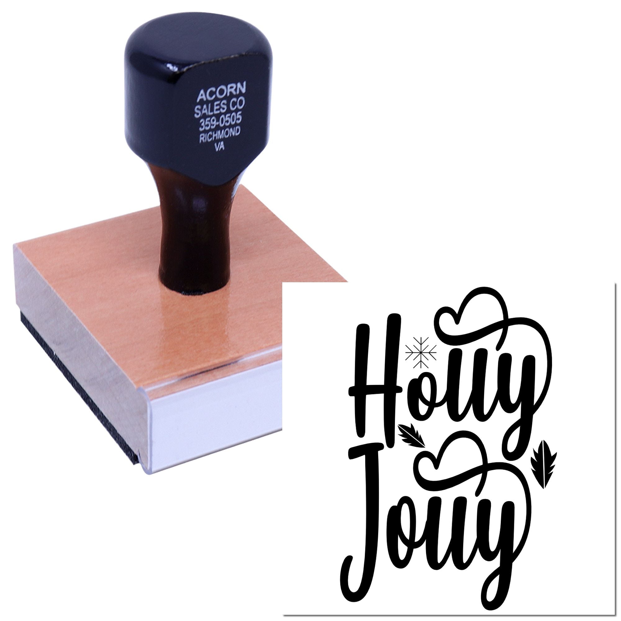 Custom Holy Jolly rubber stamp for Christmas cards and holiday crafts, featuring festive script with hearts and leaves.