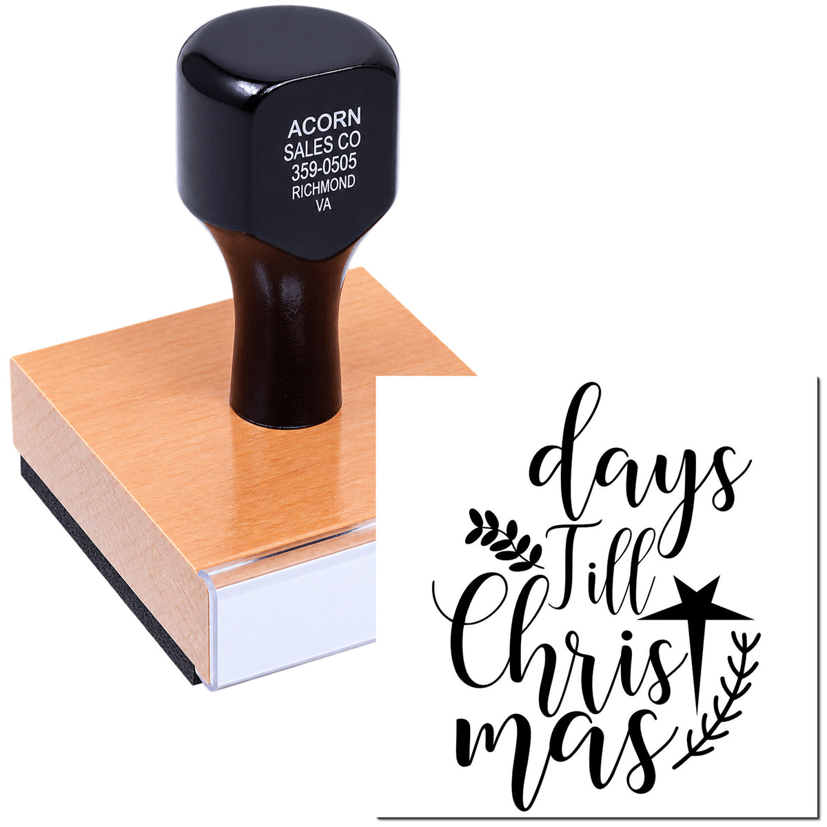 Custom rubber stamp with Days Till Christmas script, star and holly accents for holiday countdown crafts.