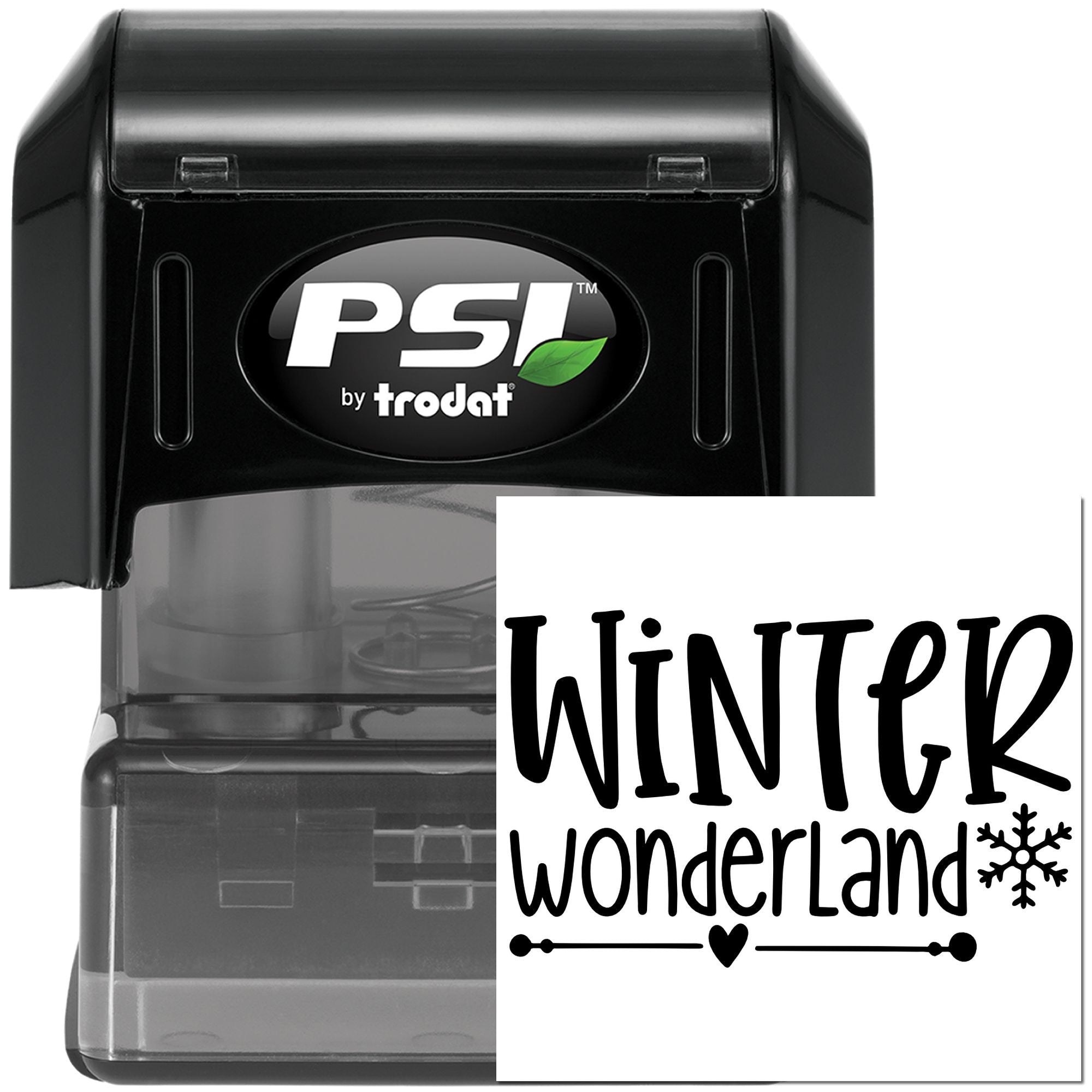 PSI by Trodat self-inking rubber stamp with Winter Wonderland design and snowflake for holiday crafting and seasonal stamping.
