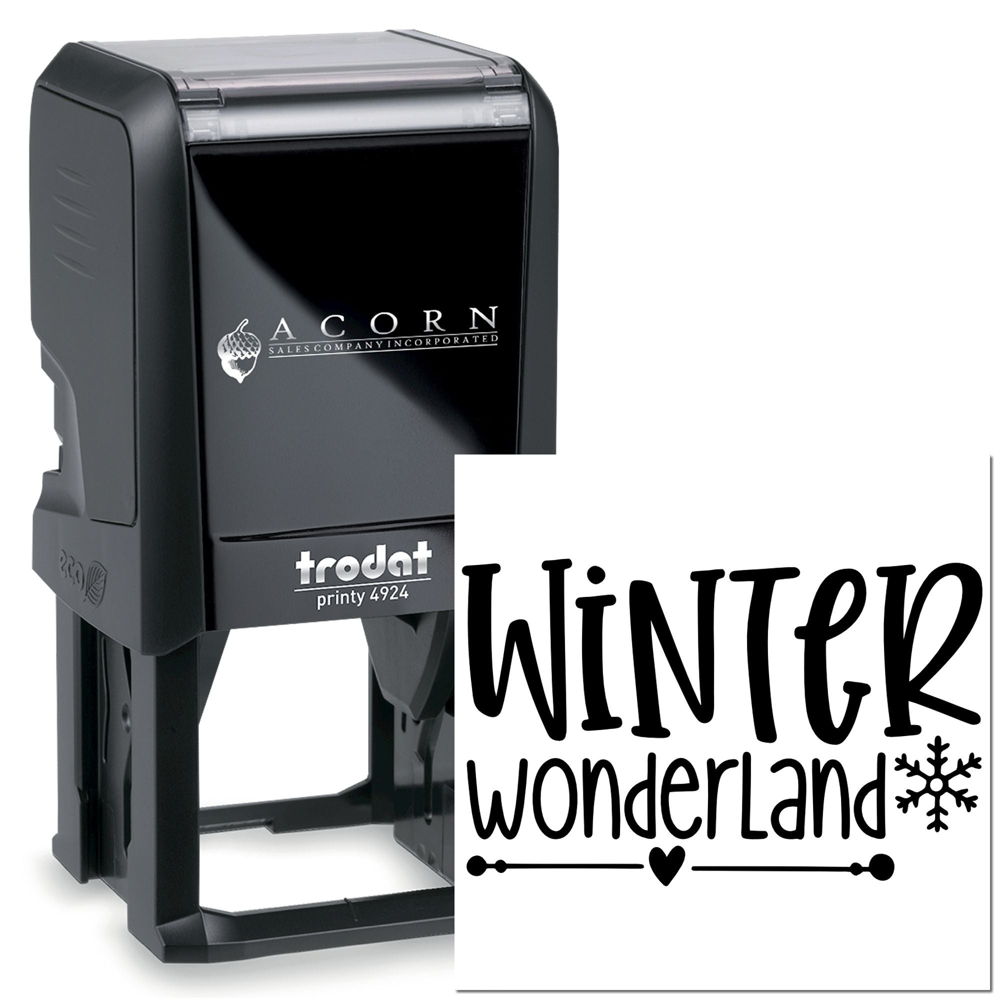 Custom self-inking rubber stamp with Winter Wonderland holiday design, Trodat Printy 4924.