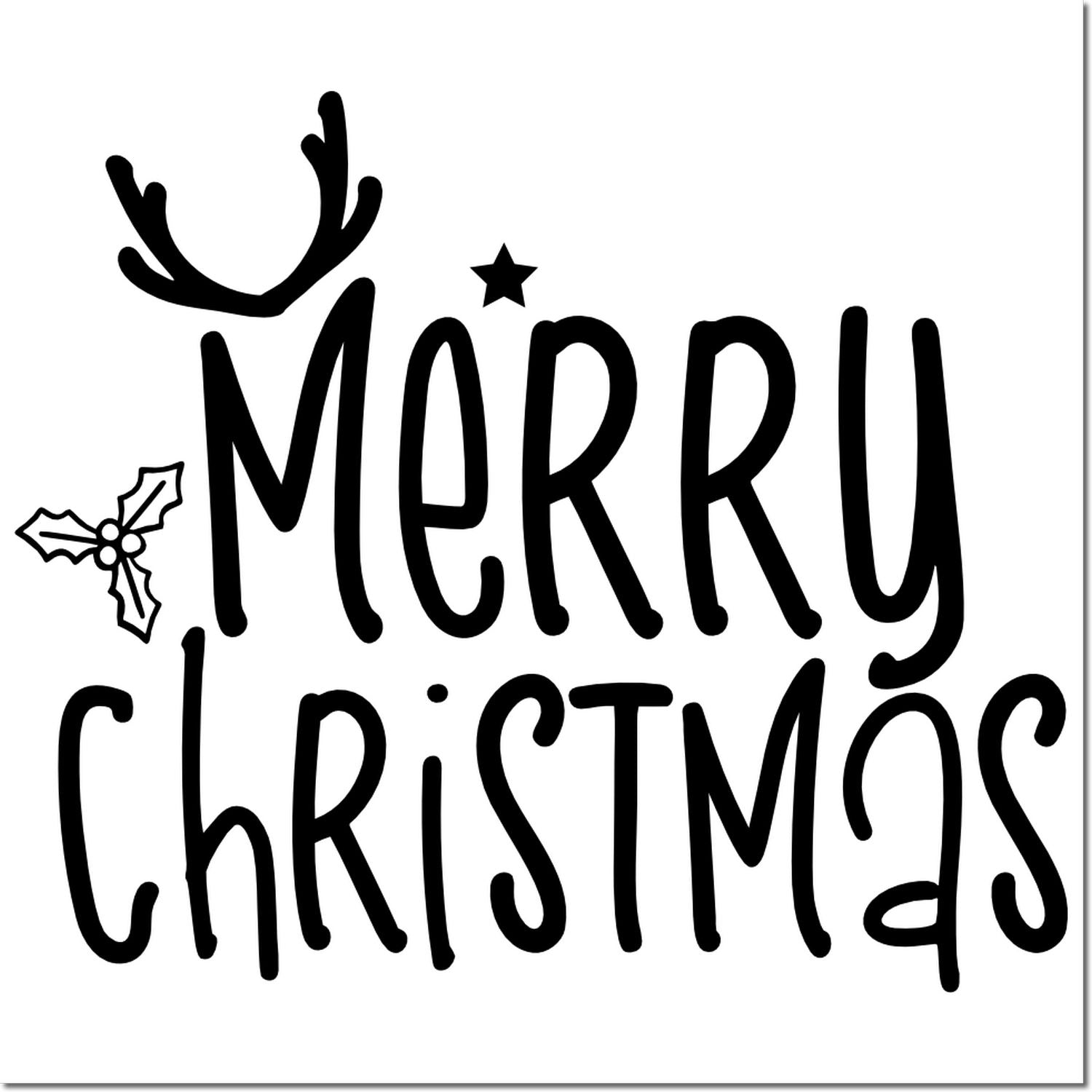 Merry Christmas rubber stamp design with antler, star, and holly accents for festive holiday cards and crafts