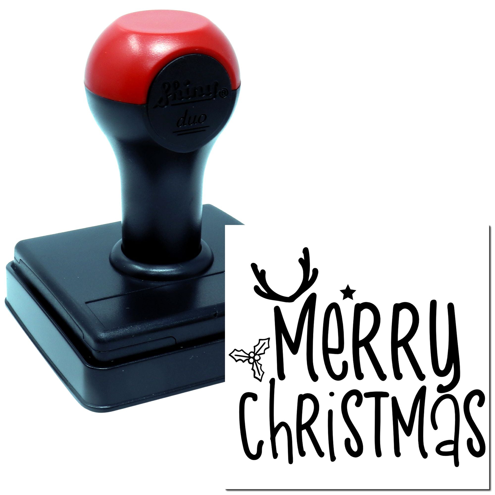 Custom Merry Christmas rubber stamp with self-inking handle for holiday cards, crafts, and festive packaging.
