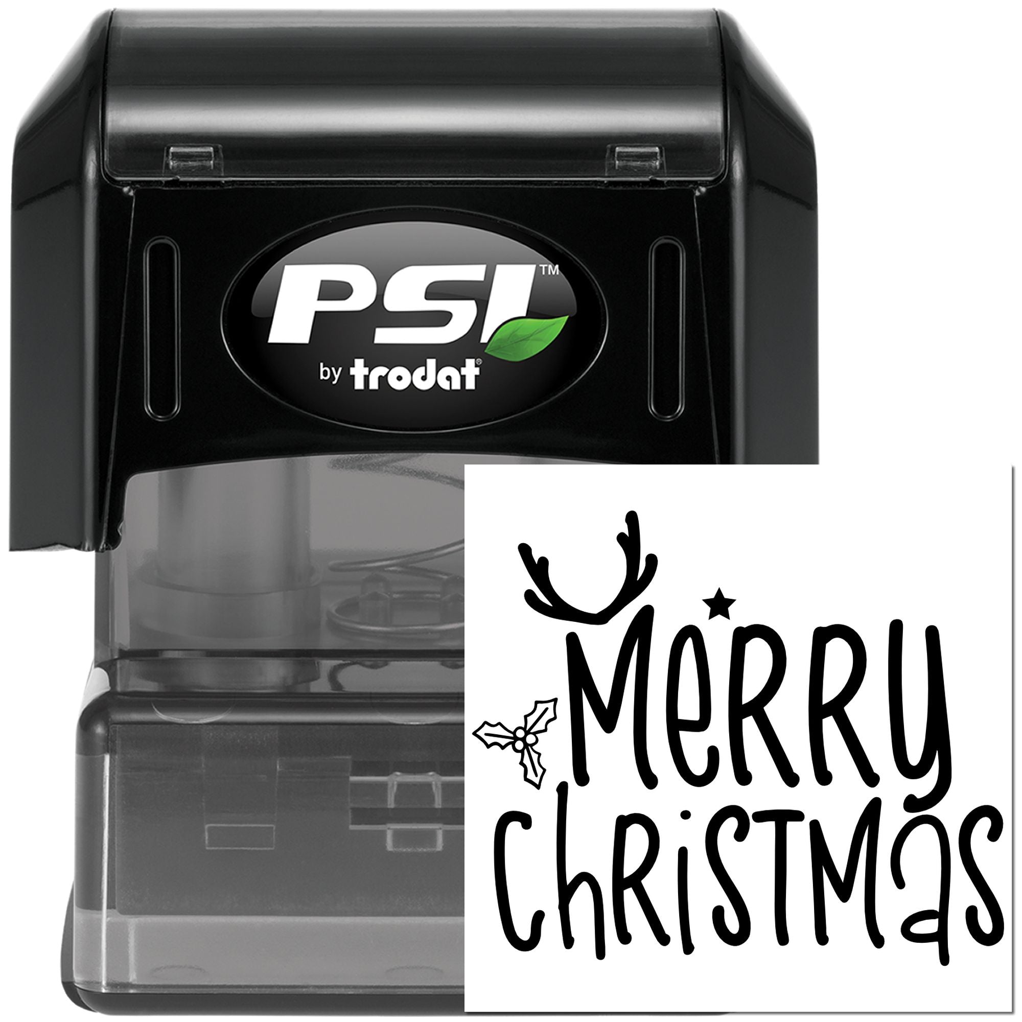 PSI by Trodat self-inking Merry Christmas rubber stamp for holiday cards, with festive antler and holly design.