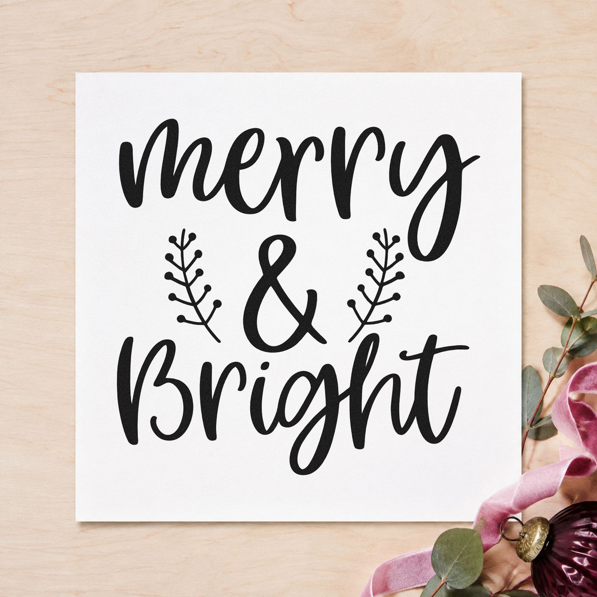 Merry And Bright Leafy Sprigs rubber stamp printed in black ink, ready for two sprigs cards and similar paper crafts.