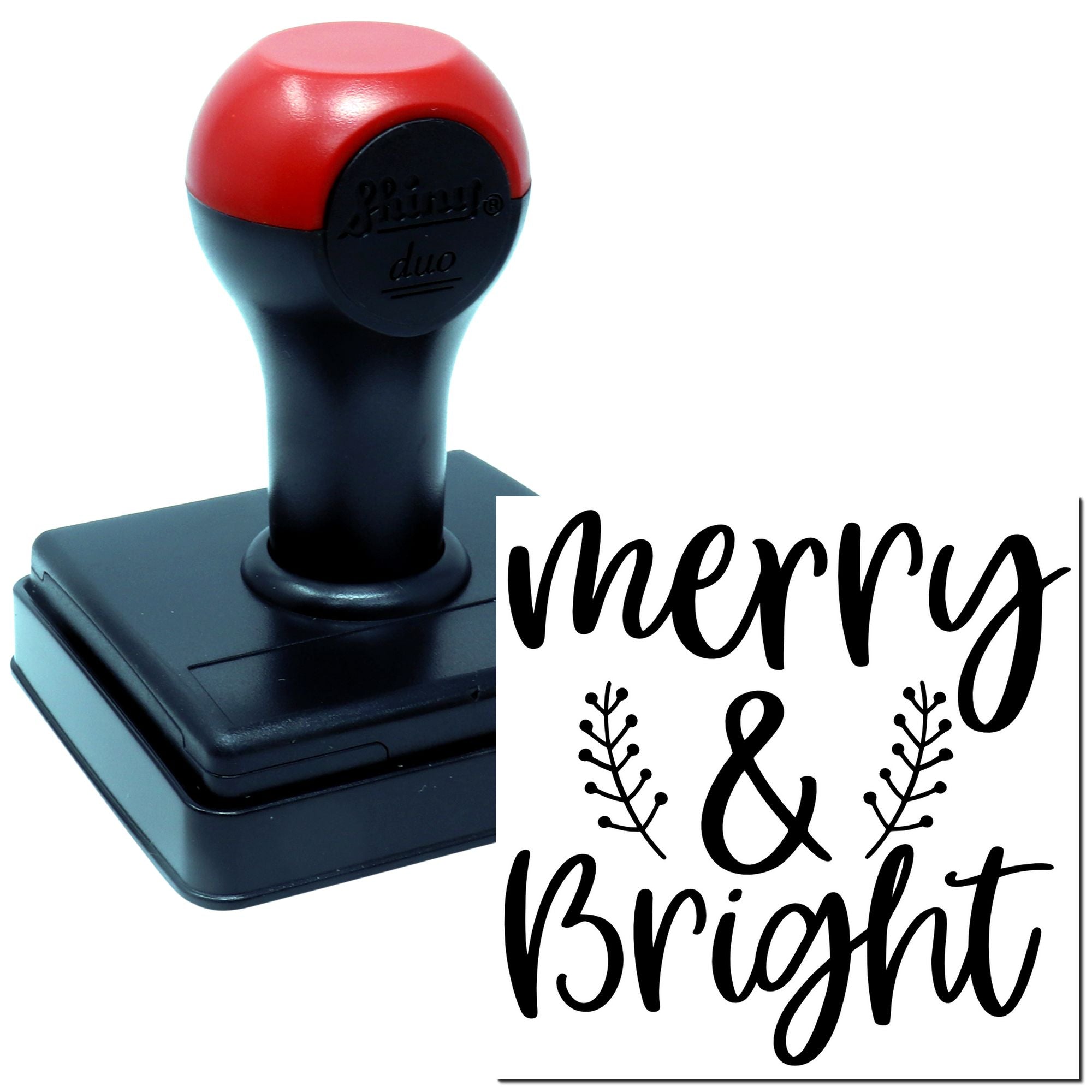 Self-inking rubber stamp with Merry & Bright holiday design for cards, gift tags, and festive packaging.