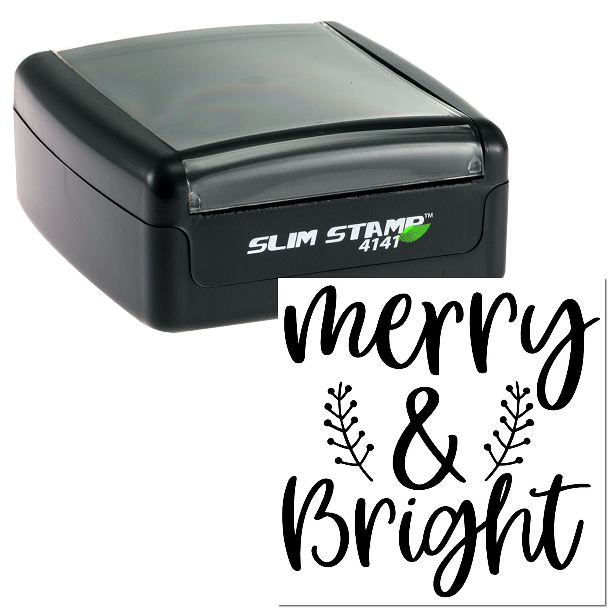 Custom self-inking rubber stamp with Merry & Bright holiday design for festive cards and packaging.
