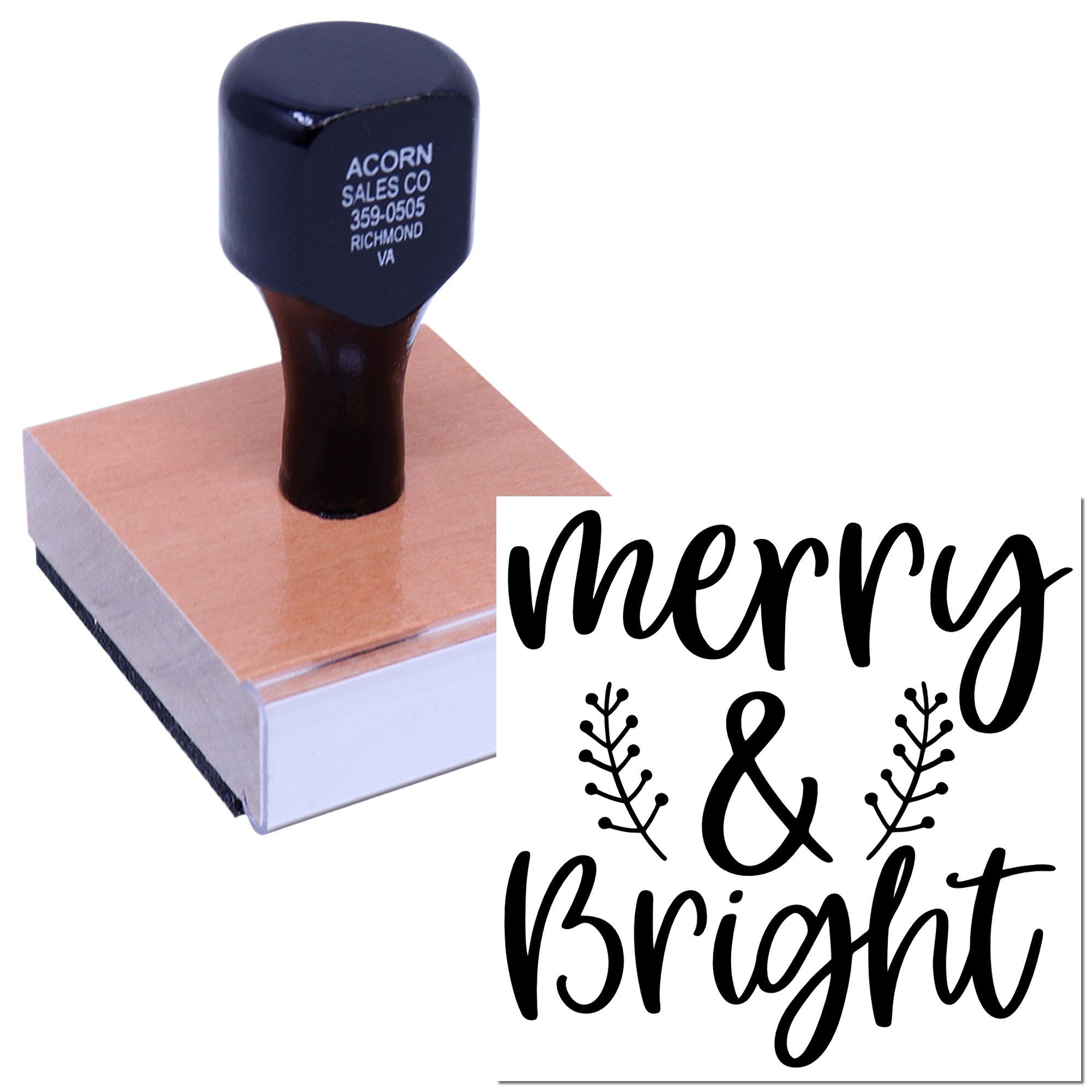 Merry & Bright holiday rubber stamp design with self-inking custom stamp for festive cards and crafts