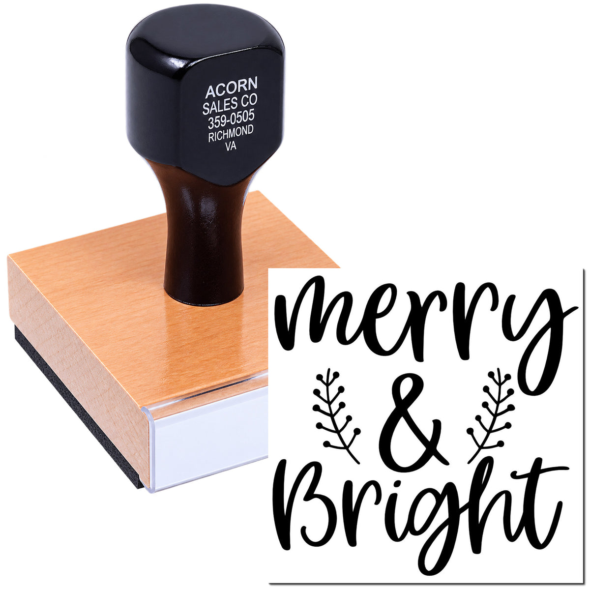 Merry & Bright holiday rubber stamp design with self-inking custom stamp for festive cards and crafts