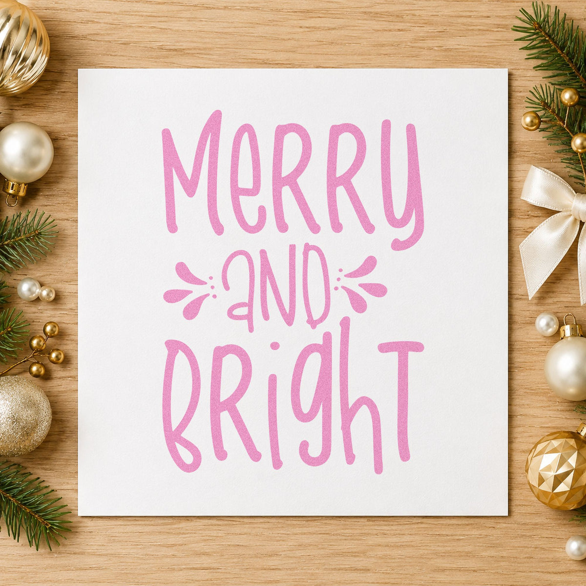 Merry And Bright Tall Letters craft stamp in purple ink on cardstock, an easy option for three part album page.