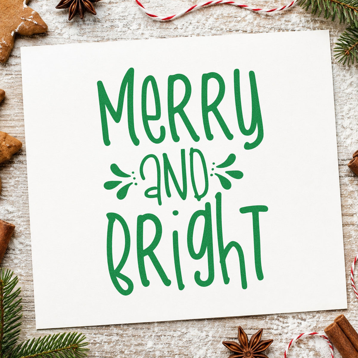 Merry And Bright Tall Letters craft stamp imprint in green ink on a handmade project, one idea being ceremony order cards.
