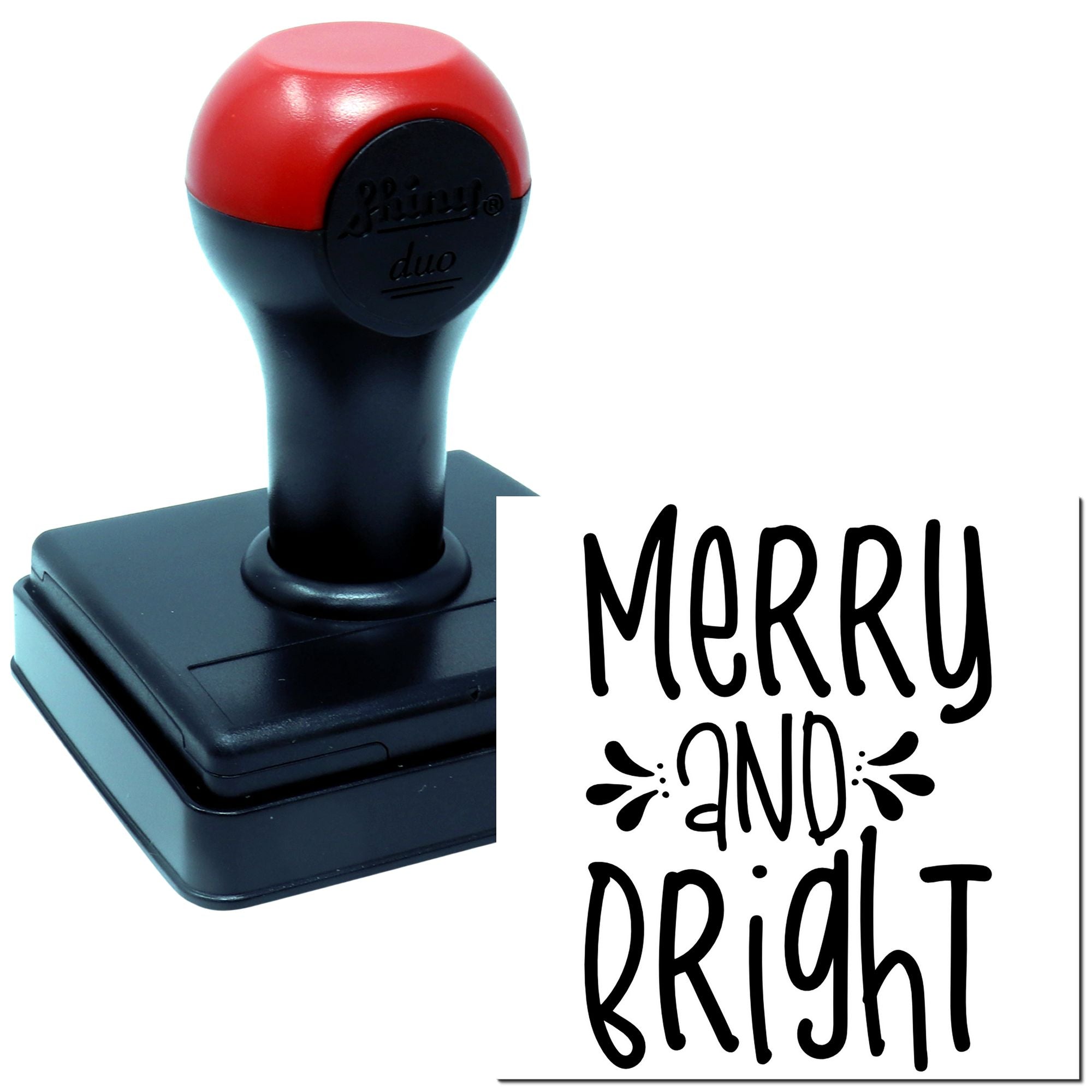 Merry and Bright custom rubber stamp with decorative holiday lettering for festive cards, crafts, and gift packaging.