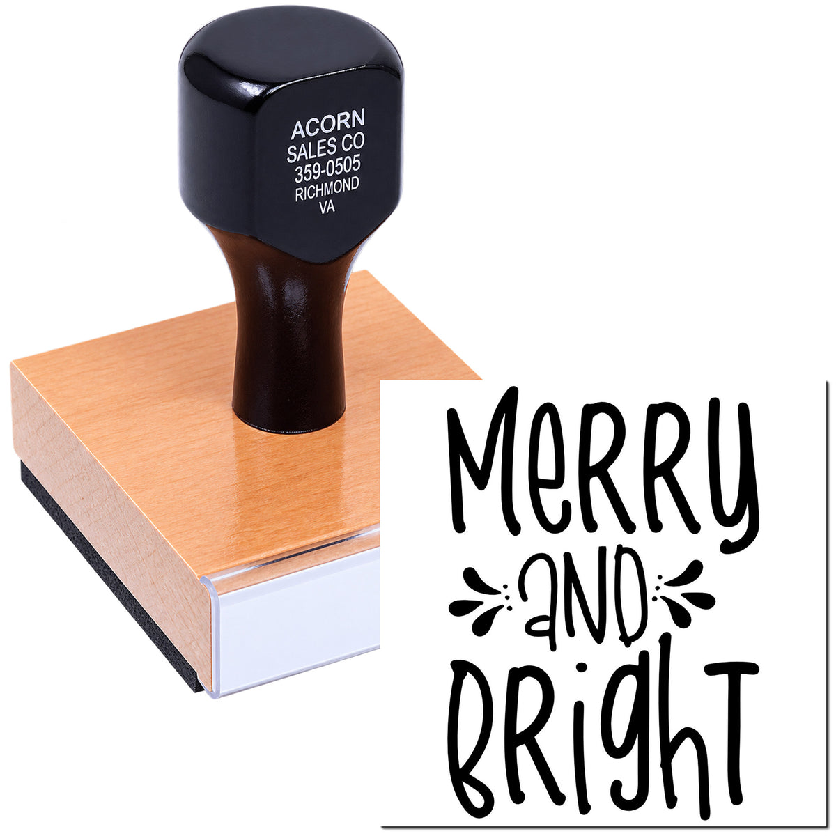 Custom Merry and Bright rubber stamp for holiday cards, gift tags, and festive packaging.