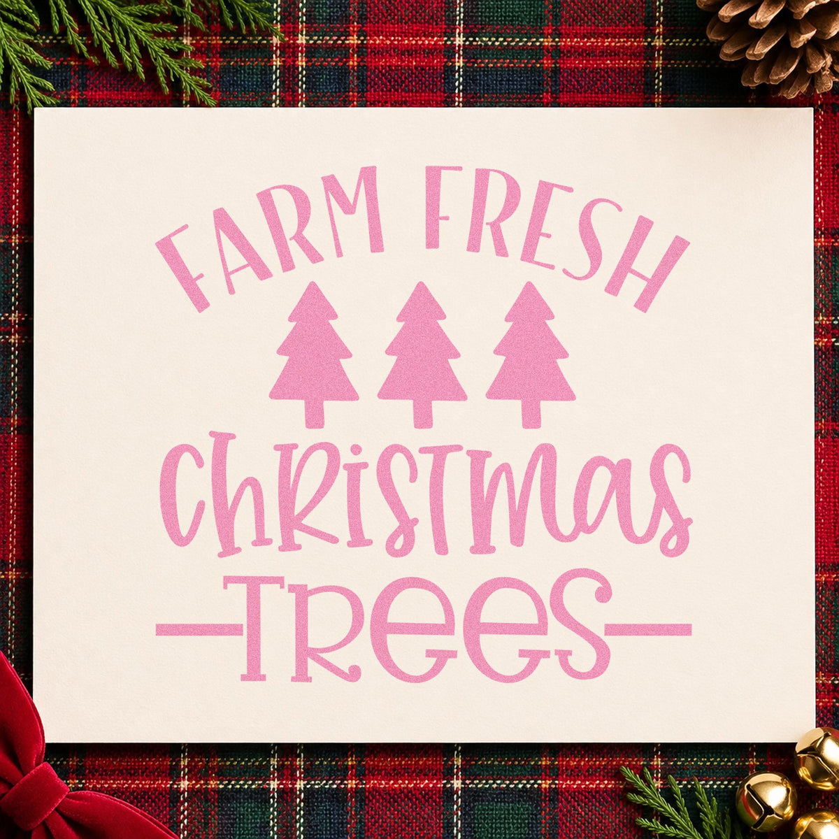 Farm Fresh Christmas Trees craft stamp in purple ink on cardstock, an easy option for wholesale album page.
