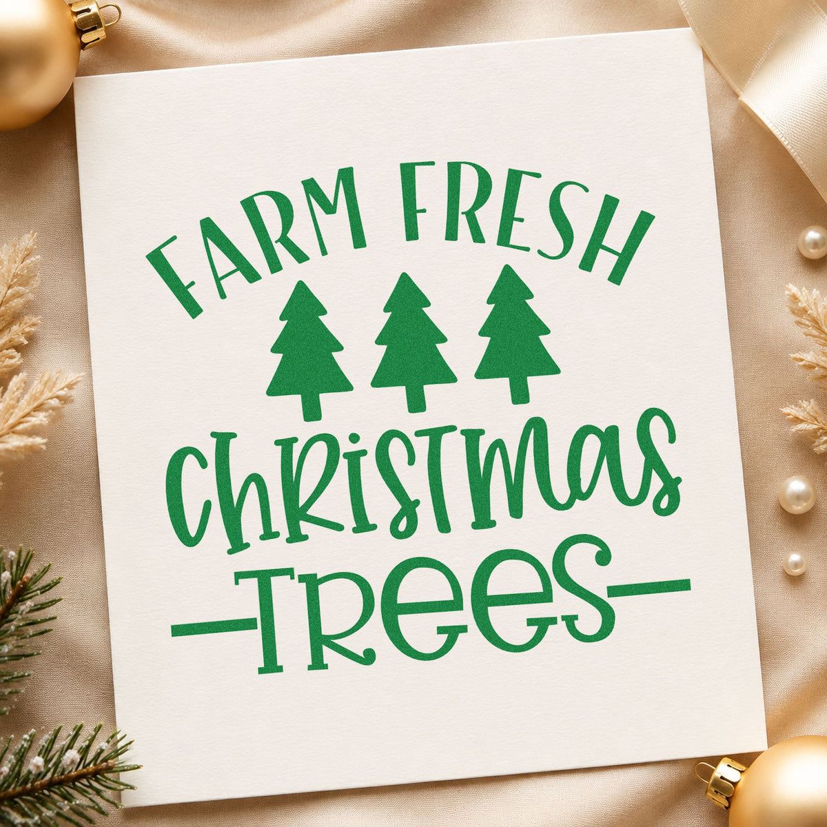 Farm Fresh Christmas Trees craft stamp imprint in green ink on a handmade project, one idea being grade lot tags.