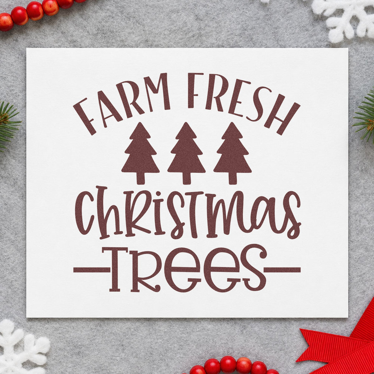 Farm Fresh Christmas Trees rubber stamp printed in brown ink, ready for invoice header sheet and similar paper crafts.
