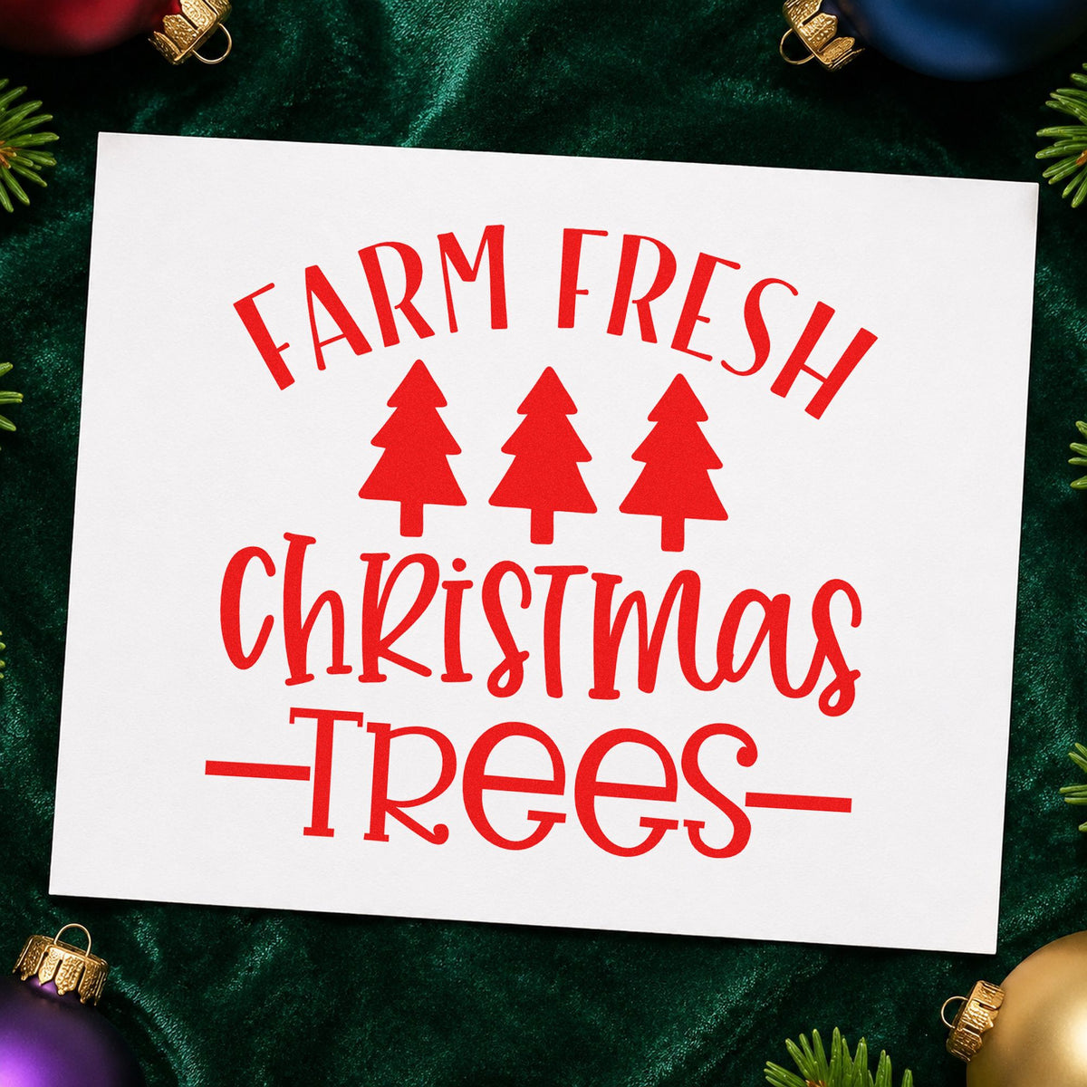 Farm Fresh Christmas Trees craft stamp in red ink on cardstock, an easy option for bale wrap printing.