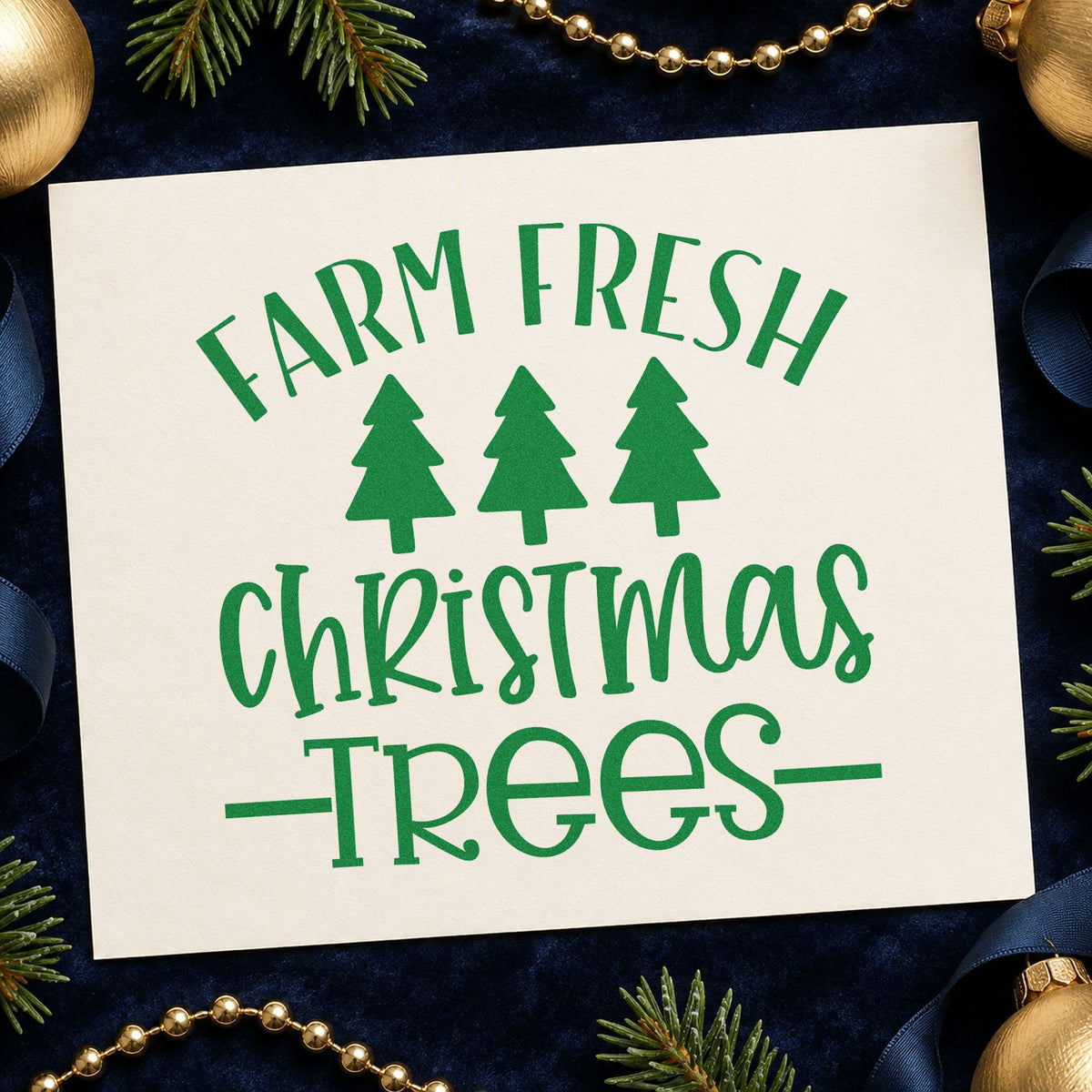 Farm Fresh Christmas Trees craft stamp imprint in green ink on a handmade project, one idea being buyer price sheets.