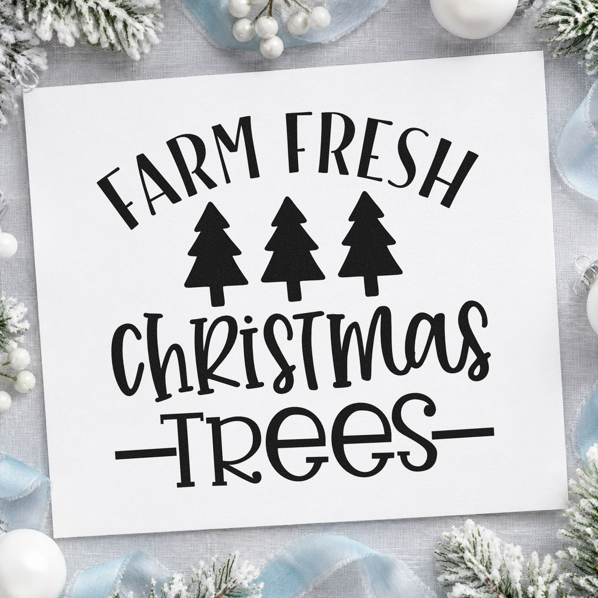 Farm Fresh Christmas Trees rubber stamp printed in black ink, ready for ruled pines cards and similar paper crafts.