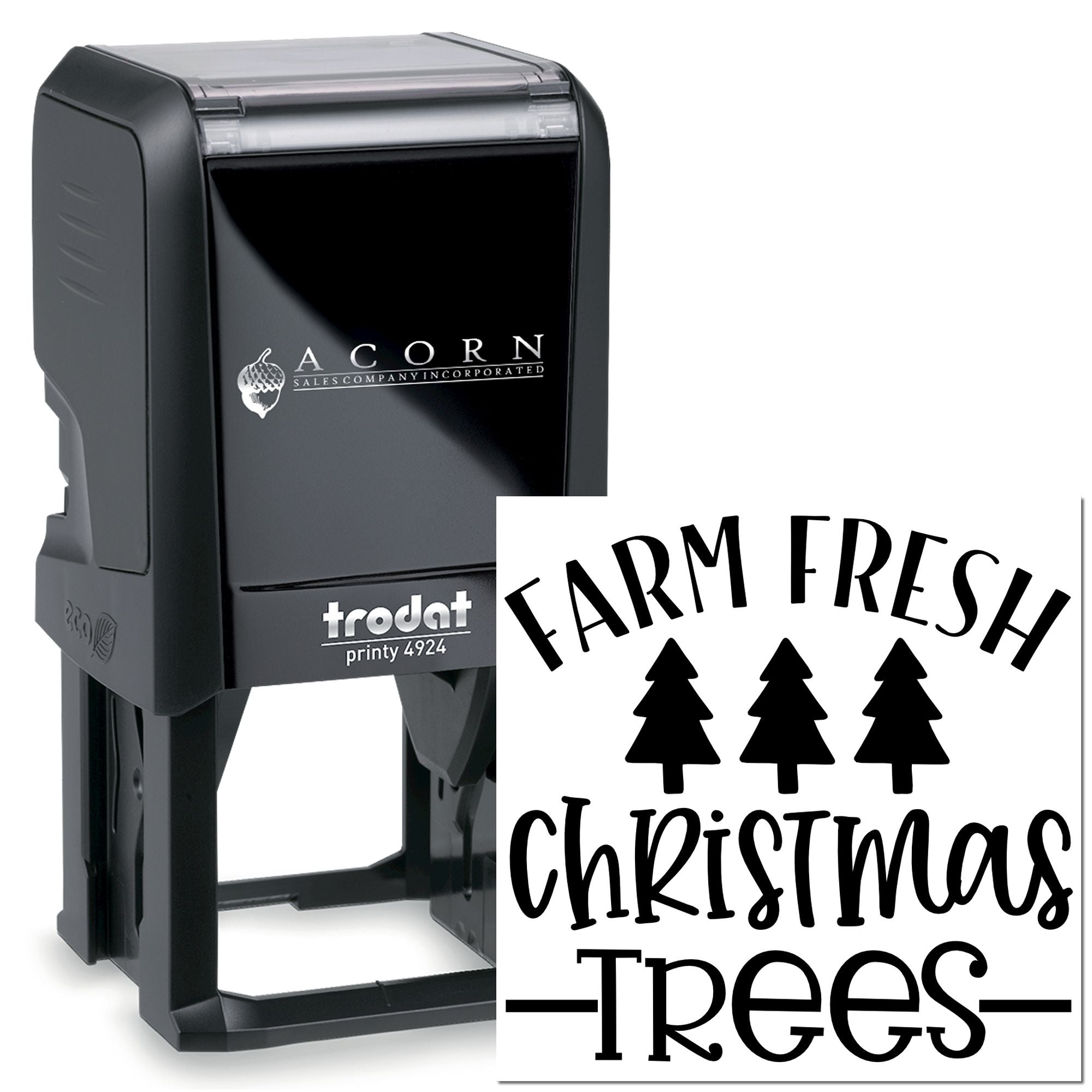 Custom self-inking rubber stamp with Farm Fresh Christmas Trees design, ideal for holiday packaging and branding.