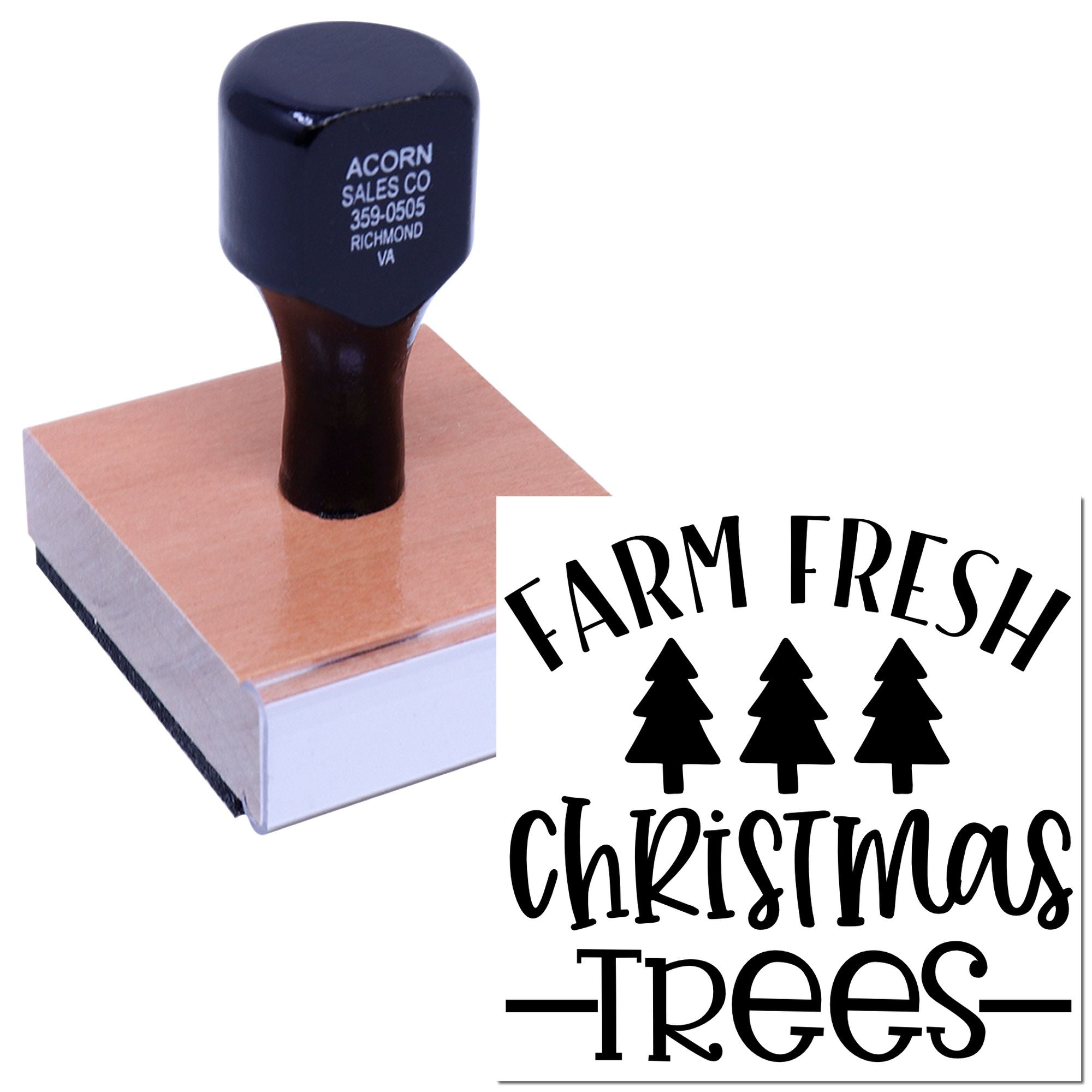 Custom rubber stamp with Farm Fresh Christmas Trees design for holiday packaging and rustic seasonal branding.