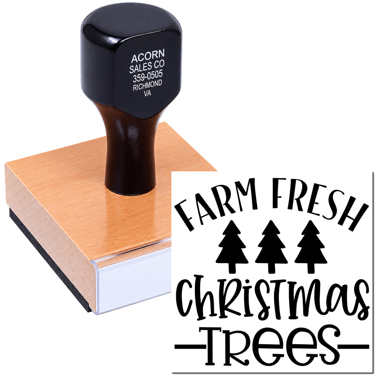 Custom rubber stamp with Farm Fresh Christmas Trees design for holiday packaging and rustic seasonal branding.