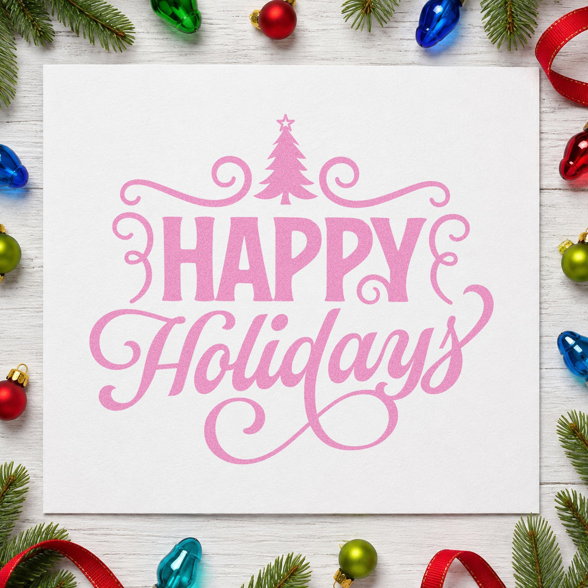 Happy Holidays Tree Flourishes craft stamp in purple ink on cardstock, an easy option for hostess album page.