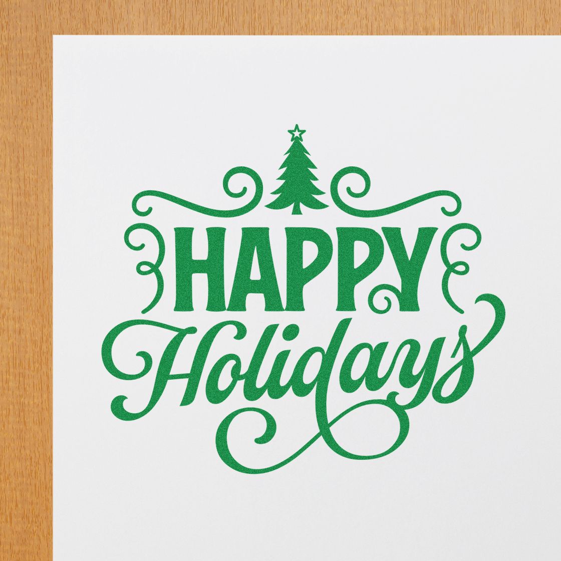 Happy Holidays Tree Flourishes rubber stamp shown in green ink, stamped for projects such as hostess album page.