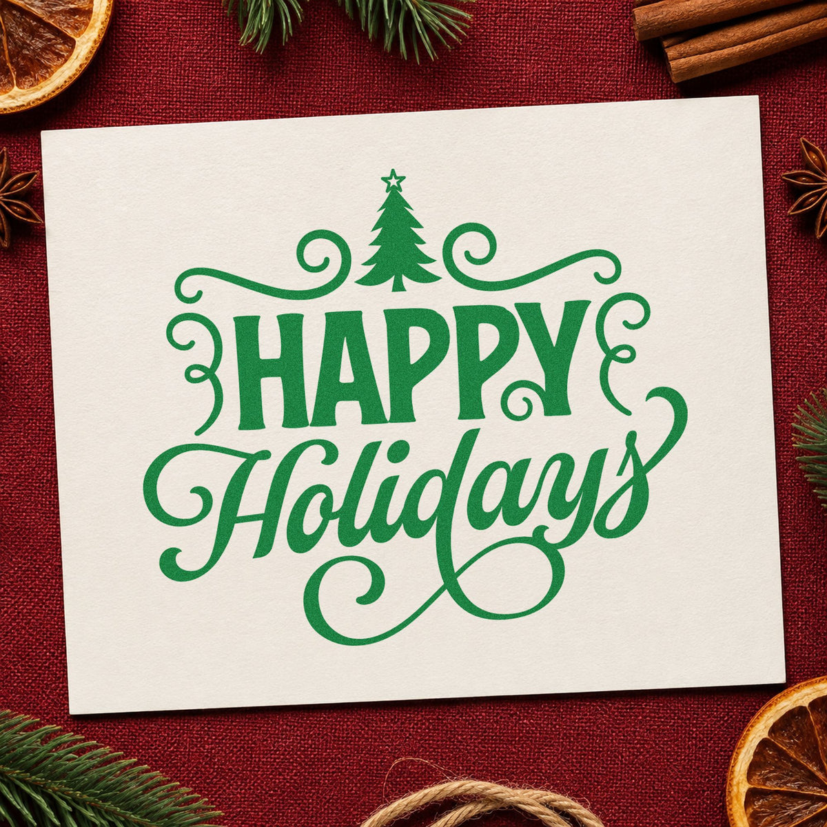 Happy Holidays Tree Flourishes craft stamp imprint in green ink on a handmade project, one idea being hostess gift tags.