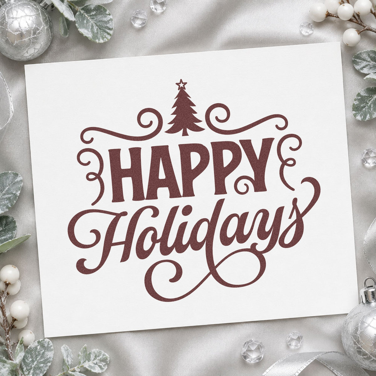 Happy Holidays Tree Flourishes rubber stamp printed in brown ink, ready for thank you list sheet and similar paper crafts.