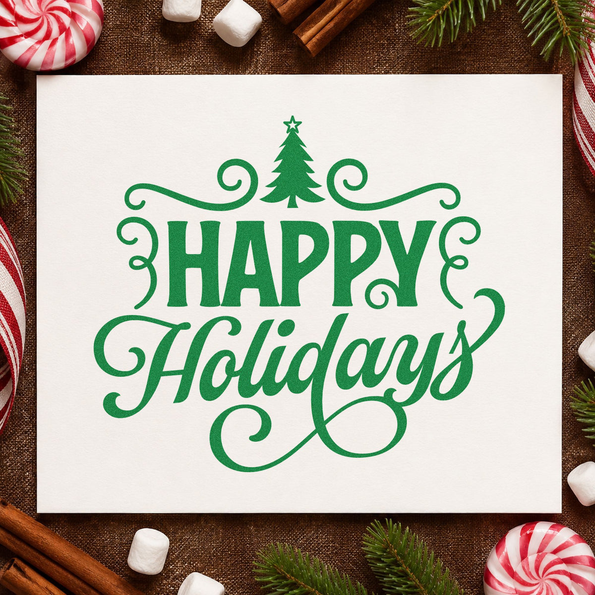Happy Holidays Tree Flourishes craft stamp imprinted in green ink on paper, a design suited to framed guest bath.