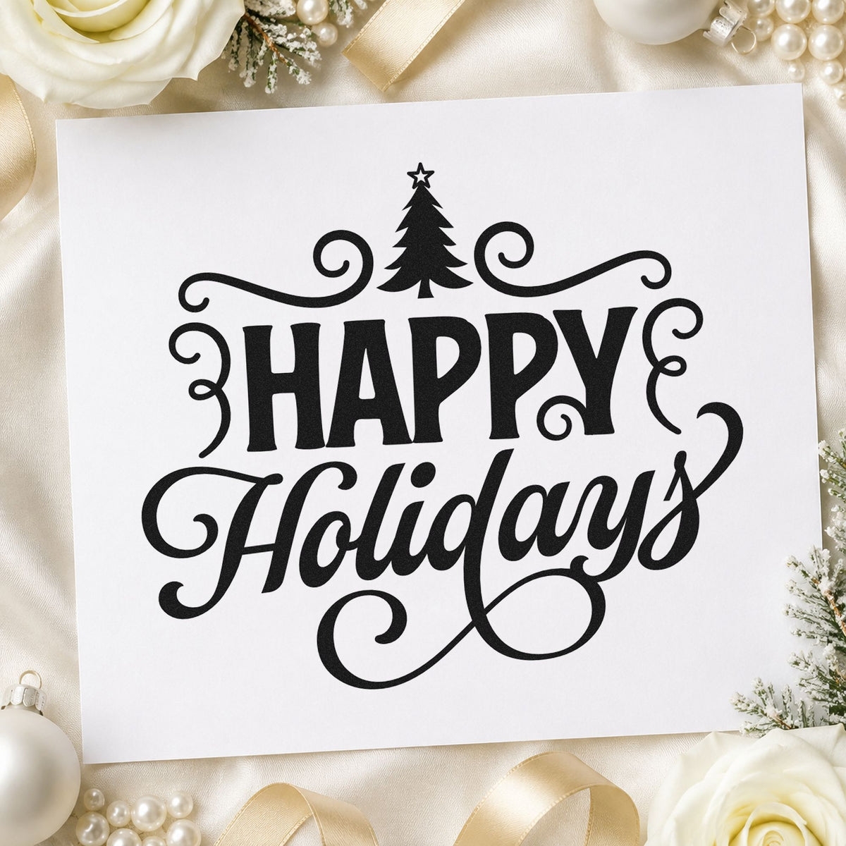 Happy Holidays Tree Flourishes rubber stamp printed in black ink, ready for ornate loops cards and similar paper crafts.