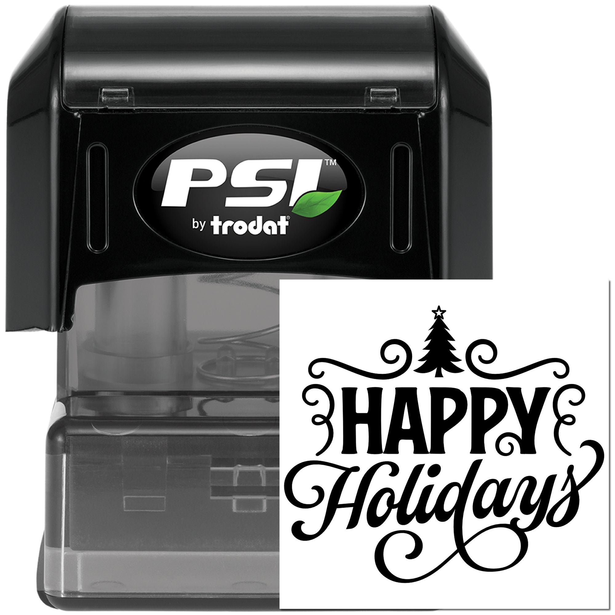 PSI by Trodat self-inking holiday rubber stamp with Happy Holidays design for cards, gift tags, and festive packaging.