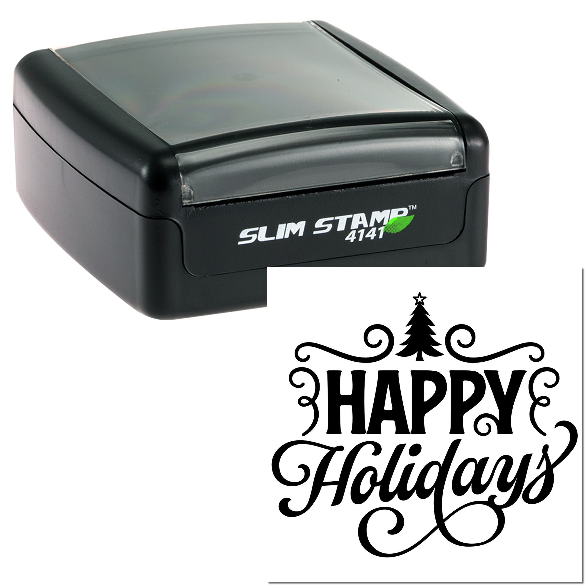 Custom Slim Stamp 4141 rubber stamp with Happy Holidays design, ideal for festive cards, gifts, and holiday crafting.
