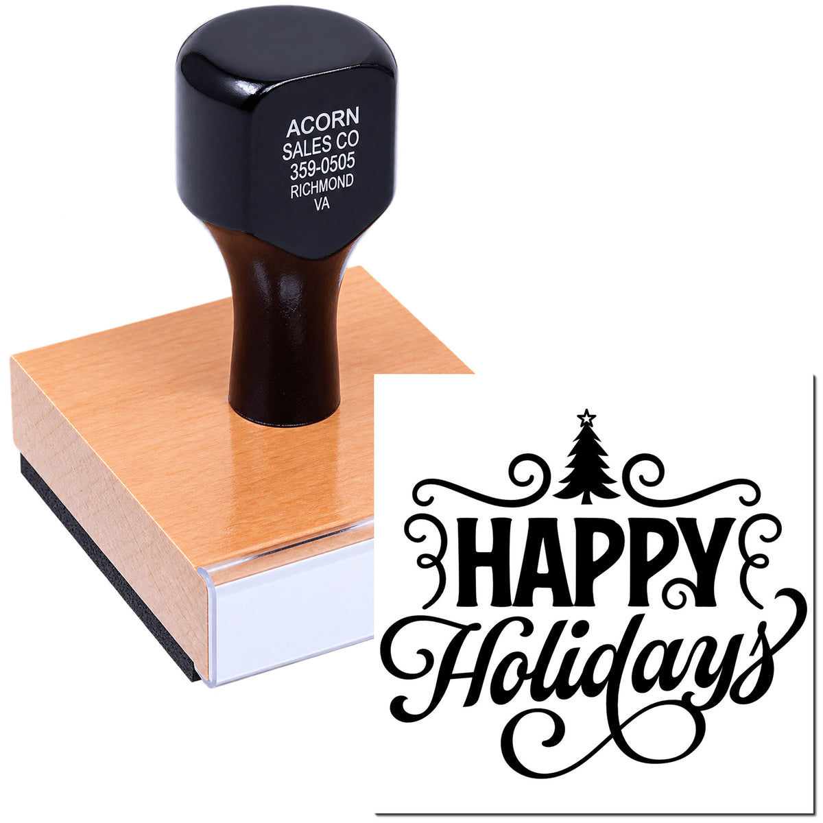 Custom rubber stamp with Happy Holidays design for festive cards, packaging, and holiday craft projects.