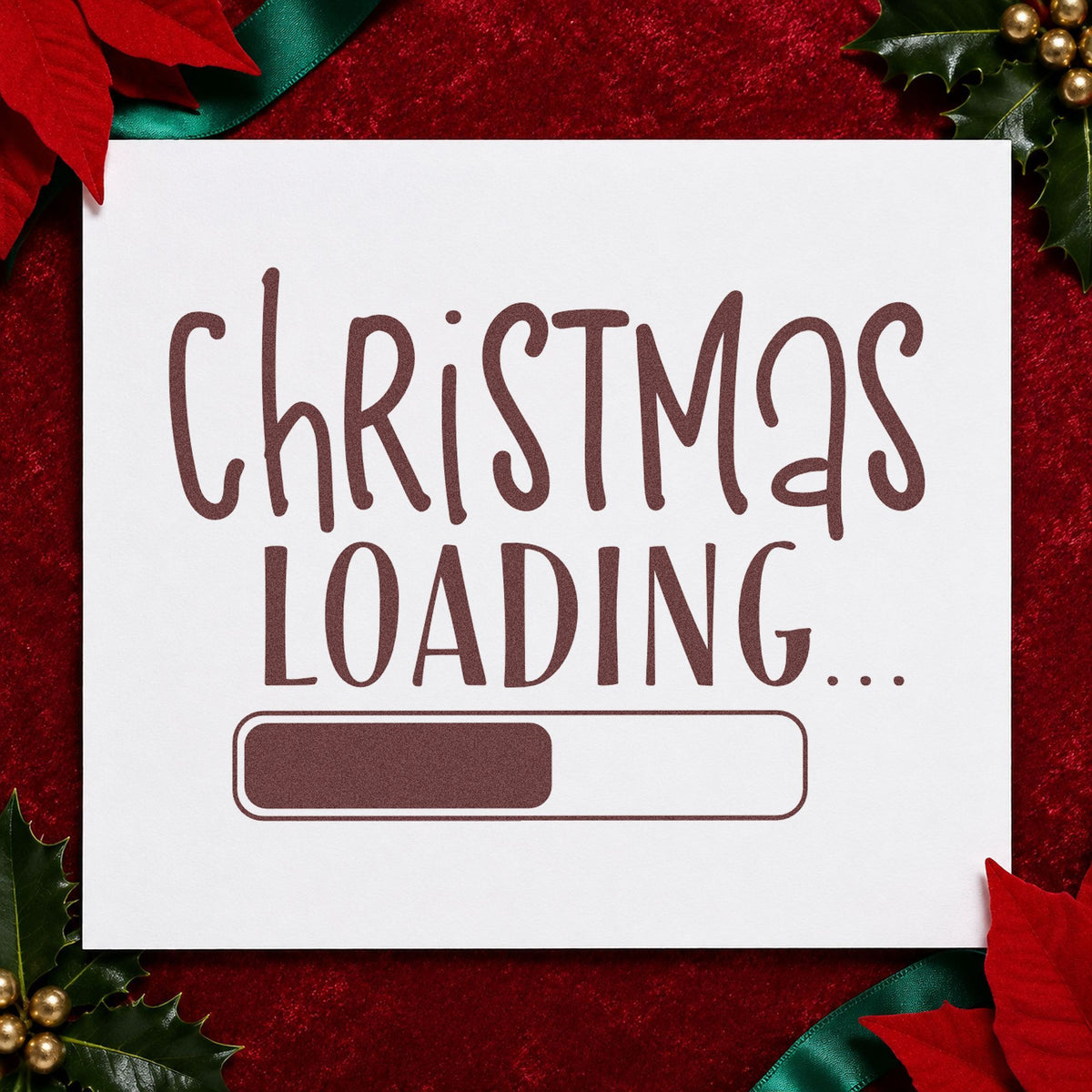 Christmas Loading Progress Bar rubber stamp printed in brown ink, ready for percent done sheet and similar paper crafts.