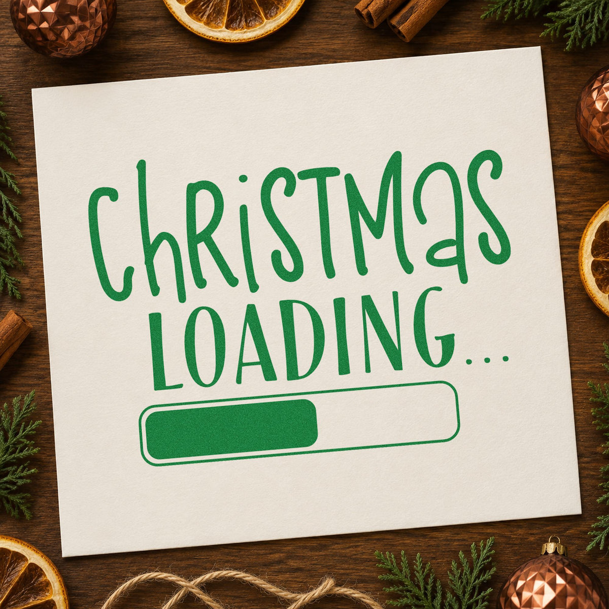 Christmas Loading Progress Bar craft stamp imprint in green ink on a handmade project, one idea being sprint board placards.
