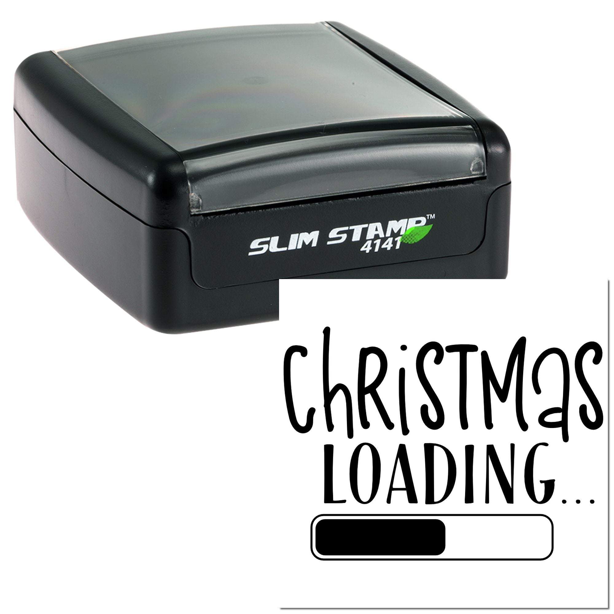 Self-inking rubber stamp preview with Christmas Loading message, ideal for holiday-themed custom stamping.