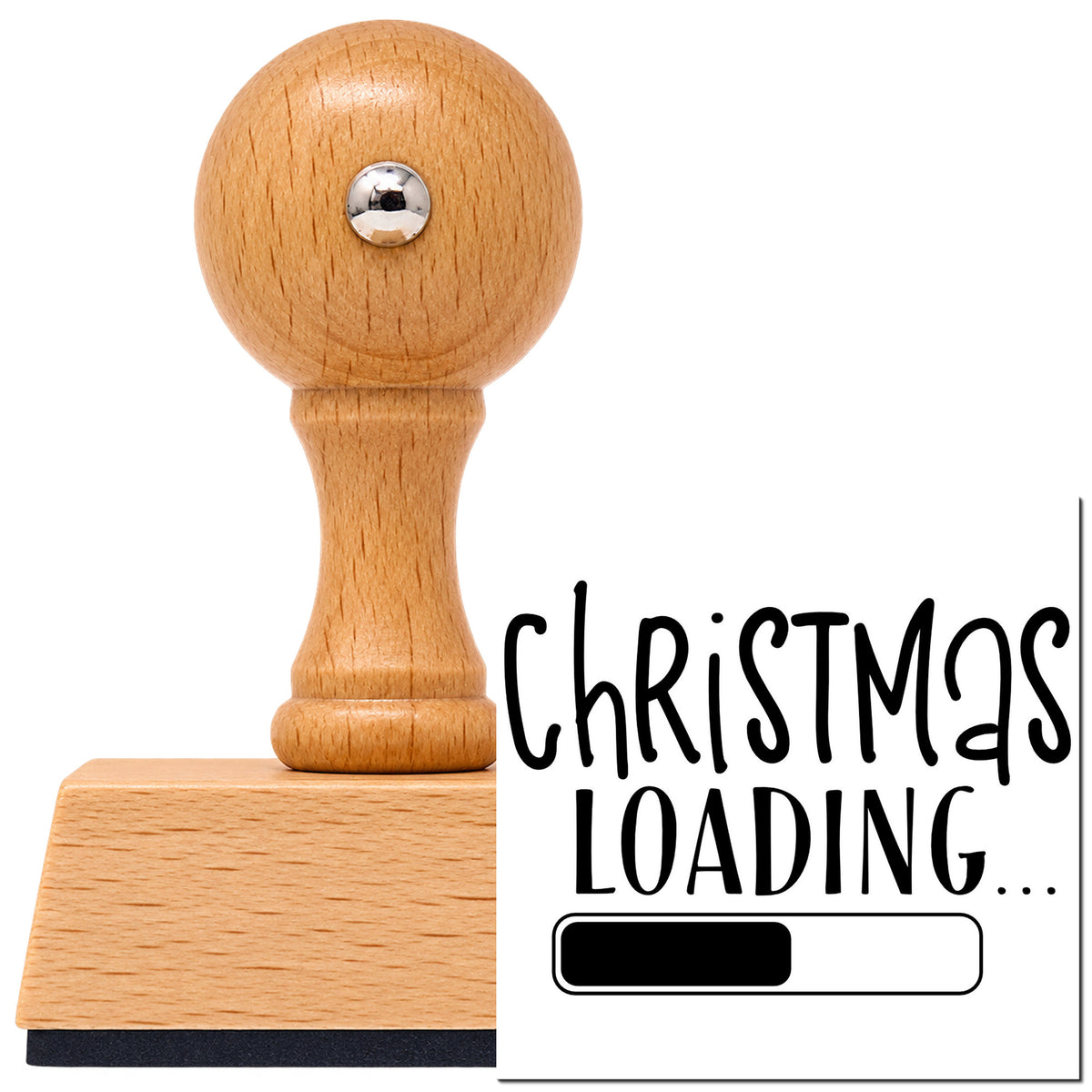 Christmas Loading Progress Bar Vintage Pro rubber stamp in European beech wood with a round knob handle, shown beside its black imprint.