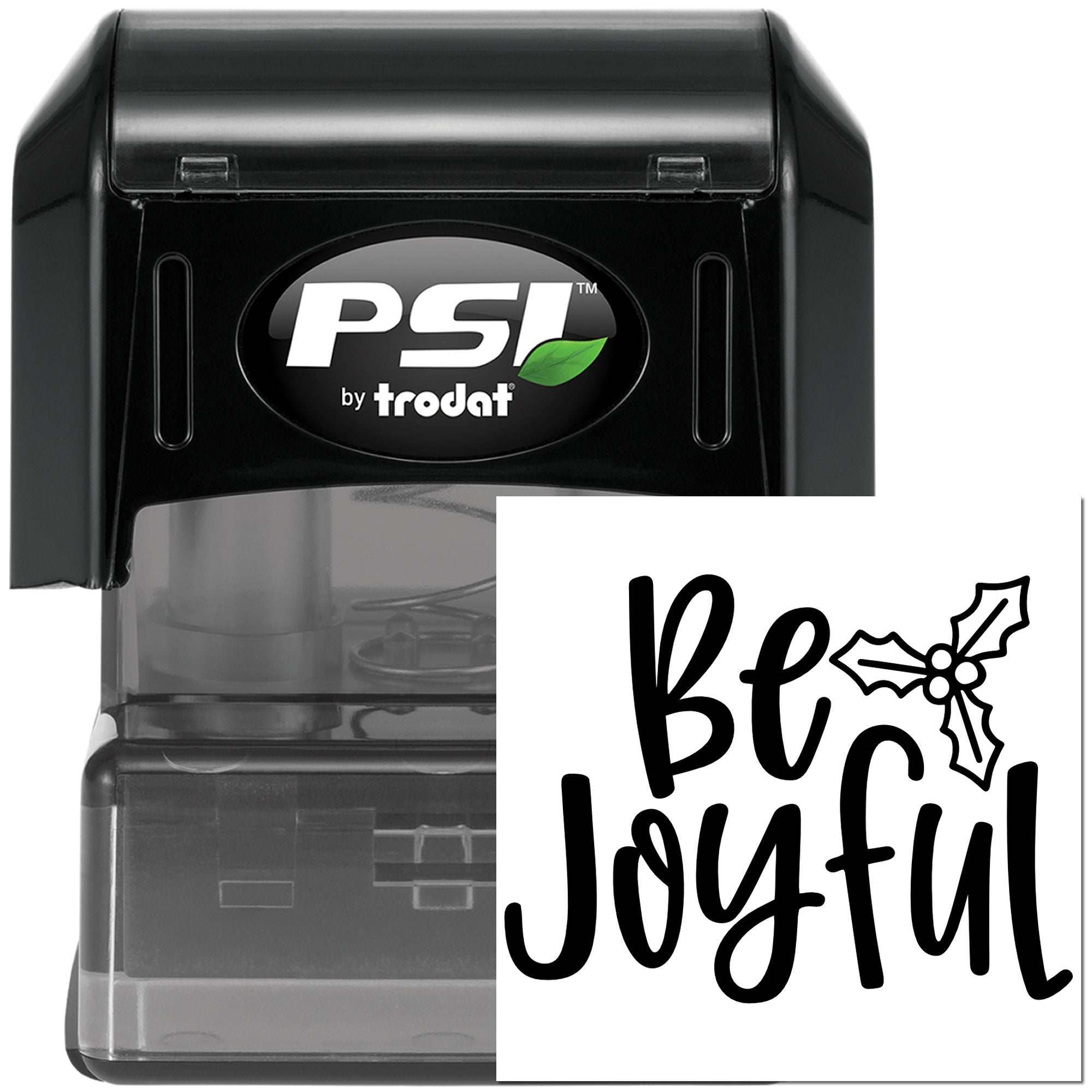 PSI by Trodat self-inking rubber stamp with Be Joyful holiday design for cards, crafts, and seasonal packaging.