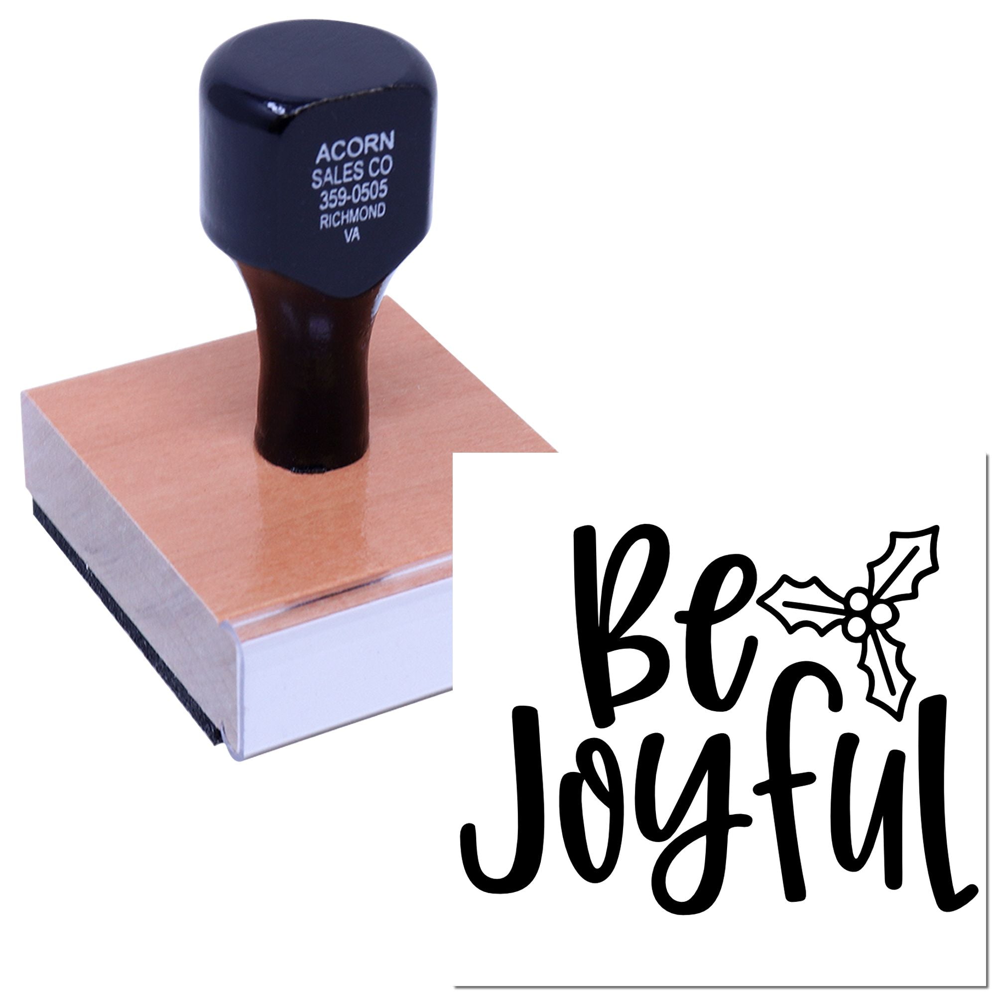 Custom Christmas rubber stamp with Be Joyful holly design for holiday cards, gift tags, and crafts.
