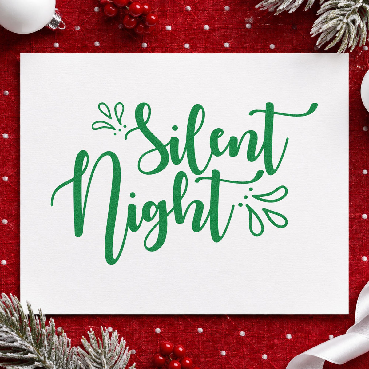 Silent Night Leaf Accents craft stamp imprinted in green ink on paper, a design suited to framed study wall.
