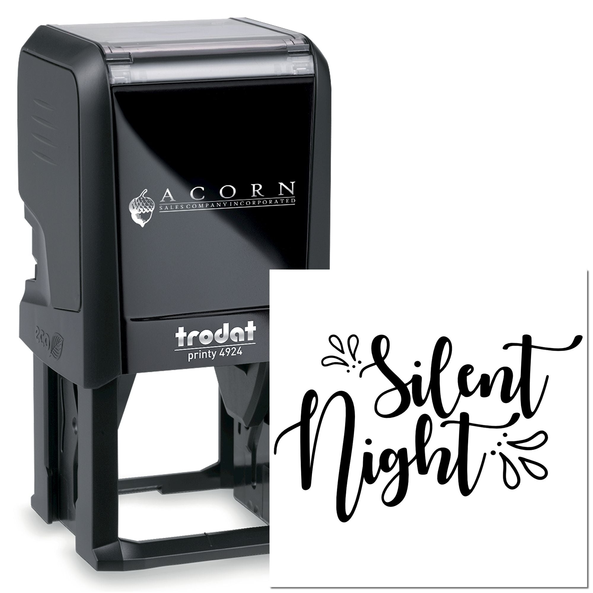 Trodat Printy self-inking rubber stamp with custom Silent Night design for holiday cards and festive packaging.
